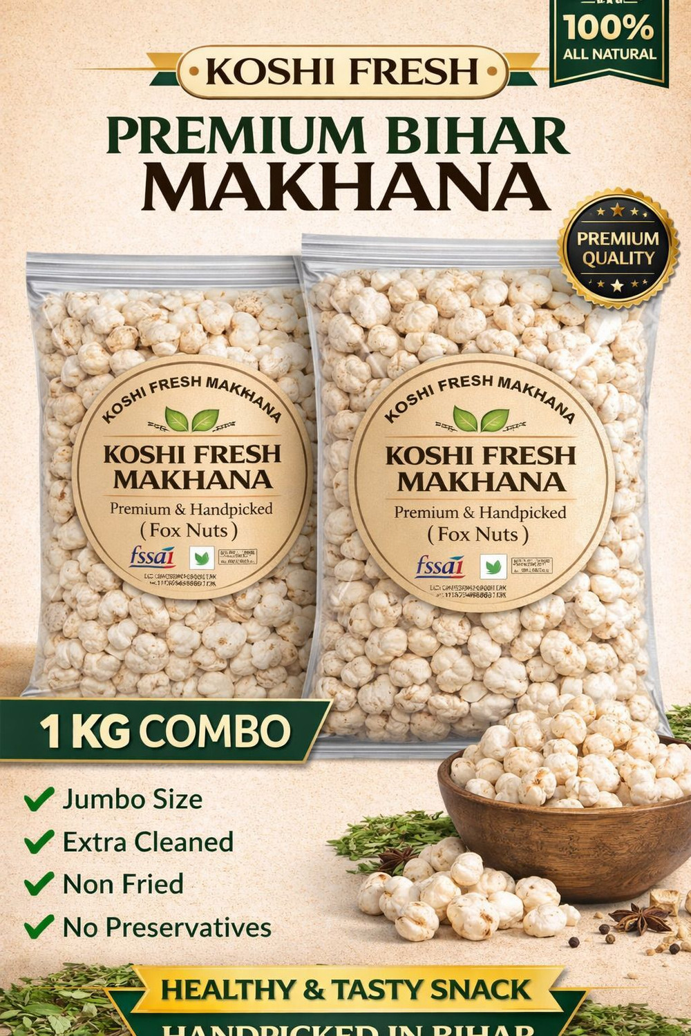 Image of triangle Makhana, Fox Nuts (Phool Makhana), 1 Kgs | Small Medium Mix| Lotus Seeds Fox Nut (4 x 250 g)