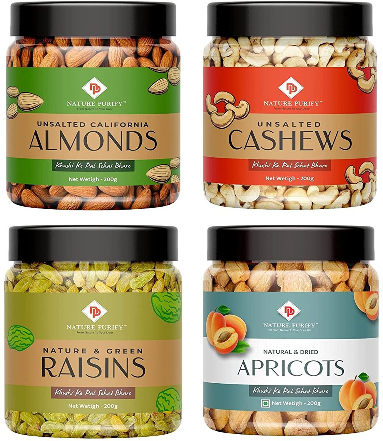 Image of Nature Purify Dry Fruit Combo (Almond + Cashew + Raisins + Apricot) - 200gm Each Almonds, Cashews, Raisins, Apricots (4 x 200 g)