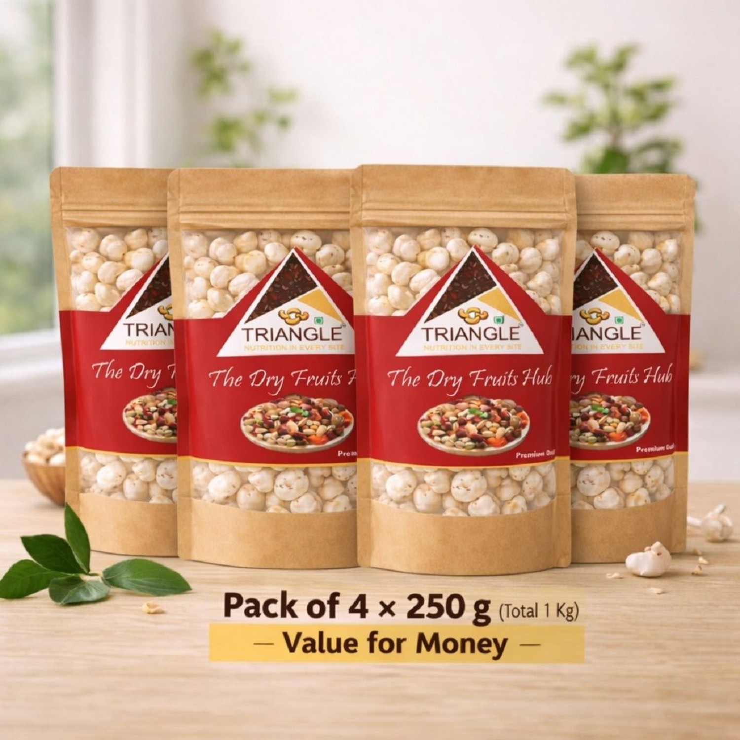 Image of triangle Makhana, Fox Nuts (Phool Makhana), 1 Kgs | Small Medium Mix| Lotus Seeds Fox Nut (4 x 250 g)