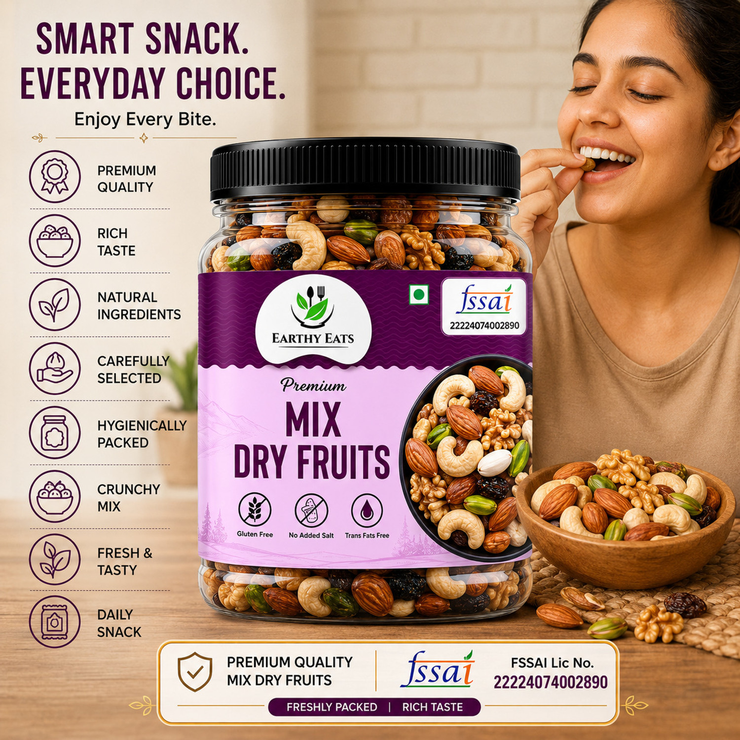 Image of Earthy Eats 7 in 1 Superfood Almonds, Pumpkin, Sunflower Seeds, Amla, Raisins, Cashew Apricots (1 x 1000 g)