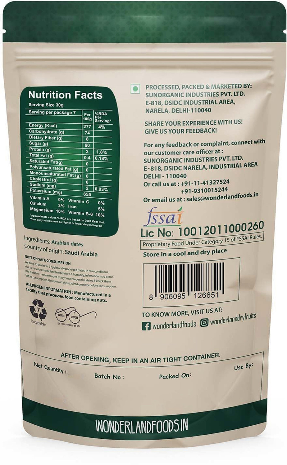Wonderland Foods Arabian Dates 500G