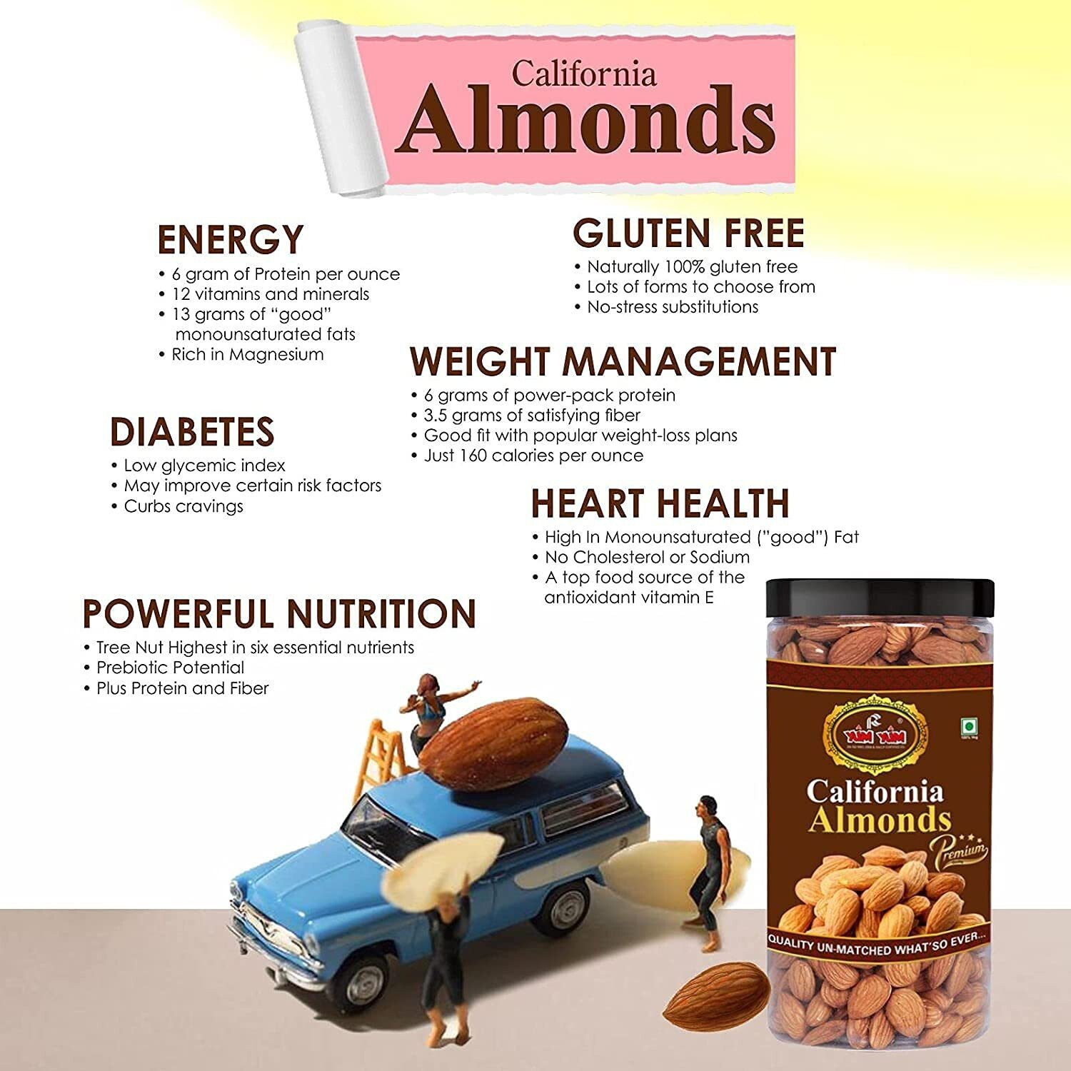 Image of YUM YUM California Almonds 500g & Walnut Kernels 350g Akhrot Giri Dry Fruits Combo Pack- 850g (Jar) Almonds, Walnuts (2 x 425 g)