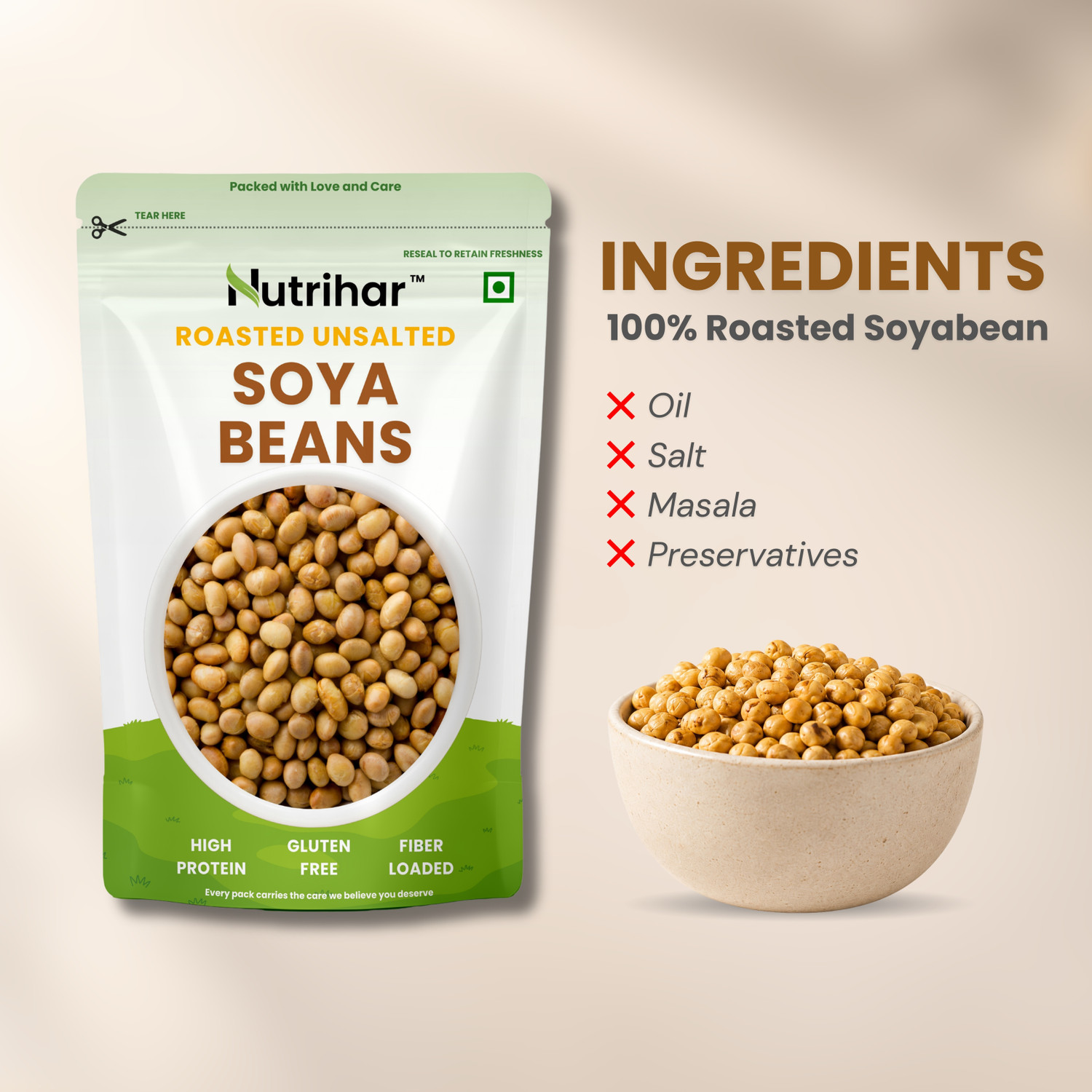 Image of Nutrihar Roasted Soyabean 500g | Unsalted Soyabean | High in Protein, Healthy Snack Soy Nuts (2 x 250 g)