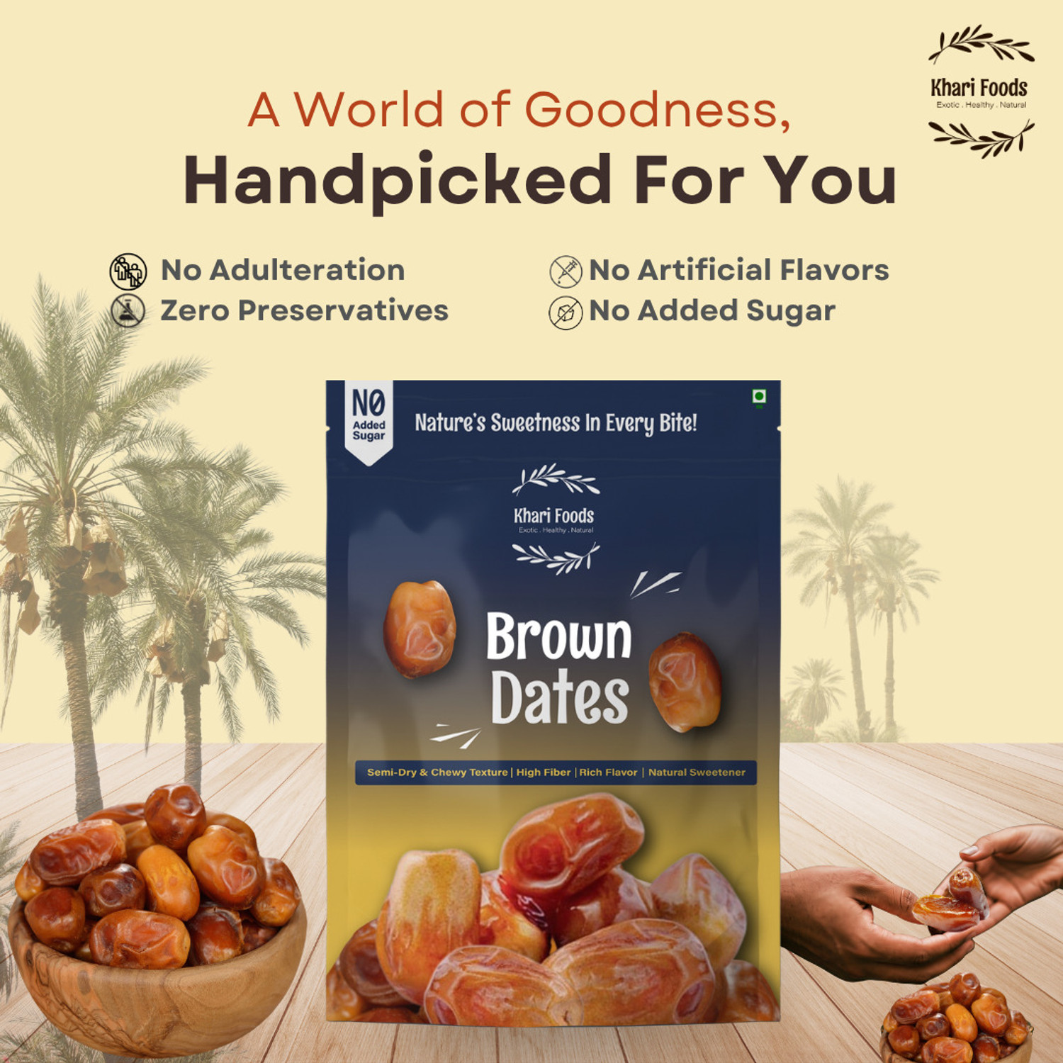Image of Khari Foods Premium Brown Dates, Khajur / Khajoor, Fibre Rich, Energy Booster Snacks Dates (1 x 500 g)