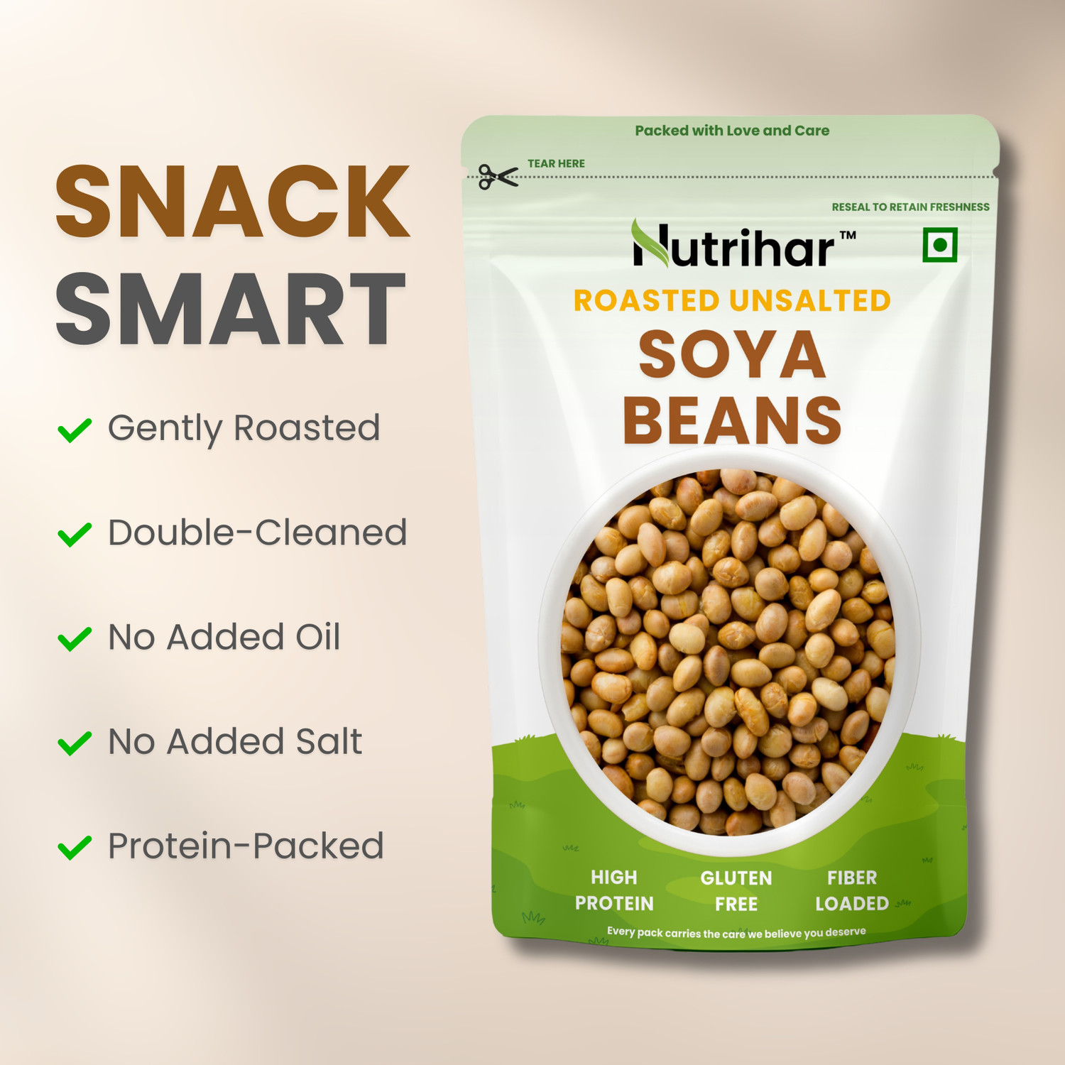 Image of Nutrihar Roasted Soyabean 500g | Unsalted Soyabean | High in Protein, Healthy Snack Soy Nuts (2 x 250 g)