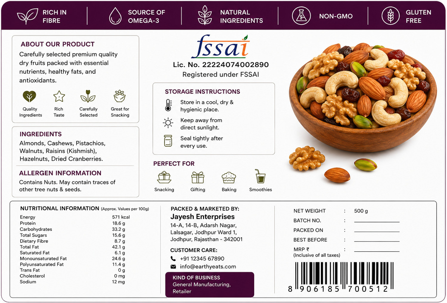 Image of Earthy Eats 7 in 1 Superfood Almonds, Pumpkin, Sunflower Seeds, Amla, Raisins, Cashew Apricots (1 x 1000 g)