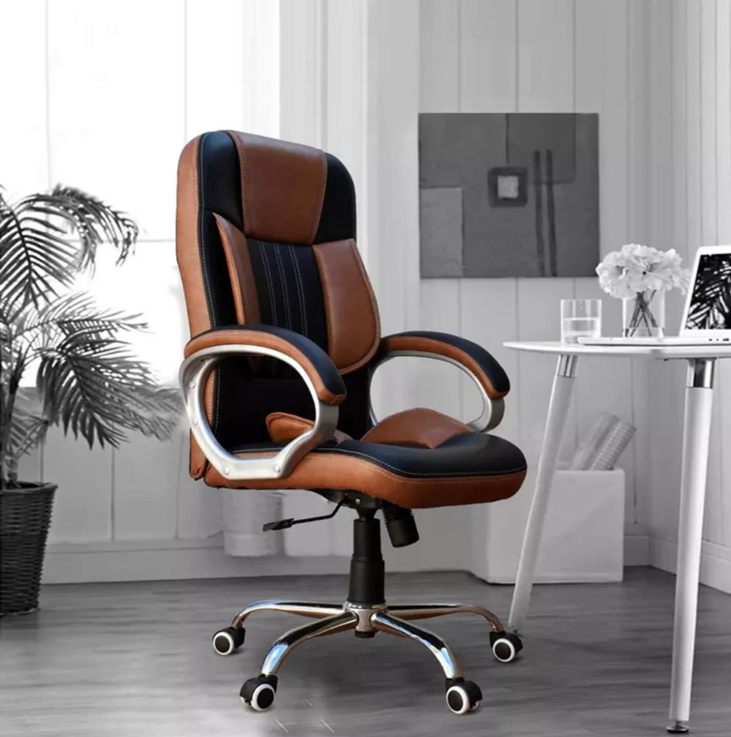 Image of Palarial High-Back Ergonomic Office Chair with Dual-Tone, Lumbar Support Leatherette Office Executive Chair (Brown, Black, Knock Down)