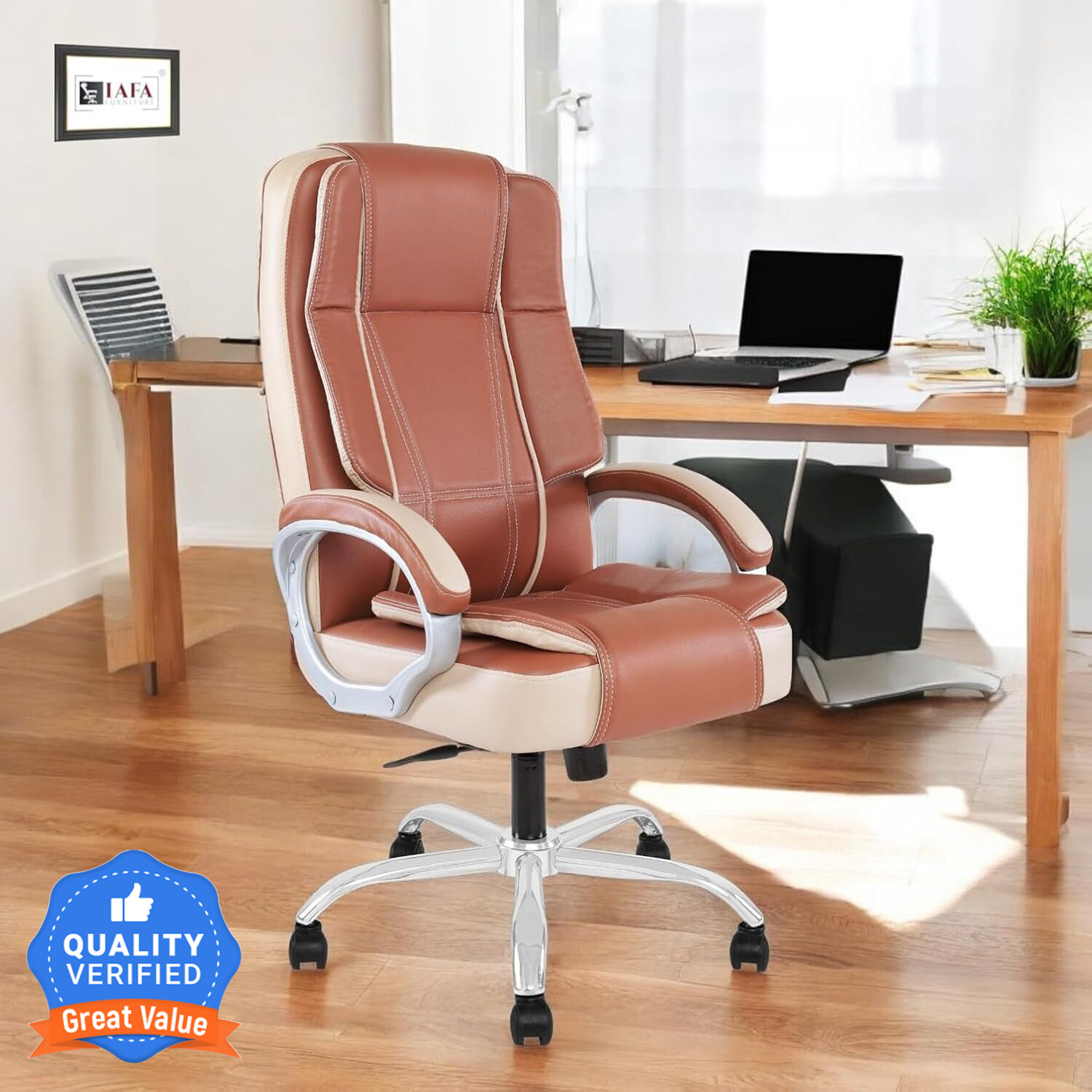 Image of Palarial High-Back Ergonomic Office Chair with Dual-Tone, Lumbar Support Leatherette Office Executive Chair (Brown, Black, Knock Down)
