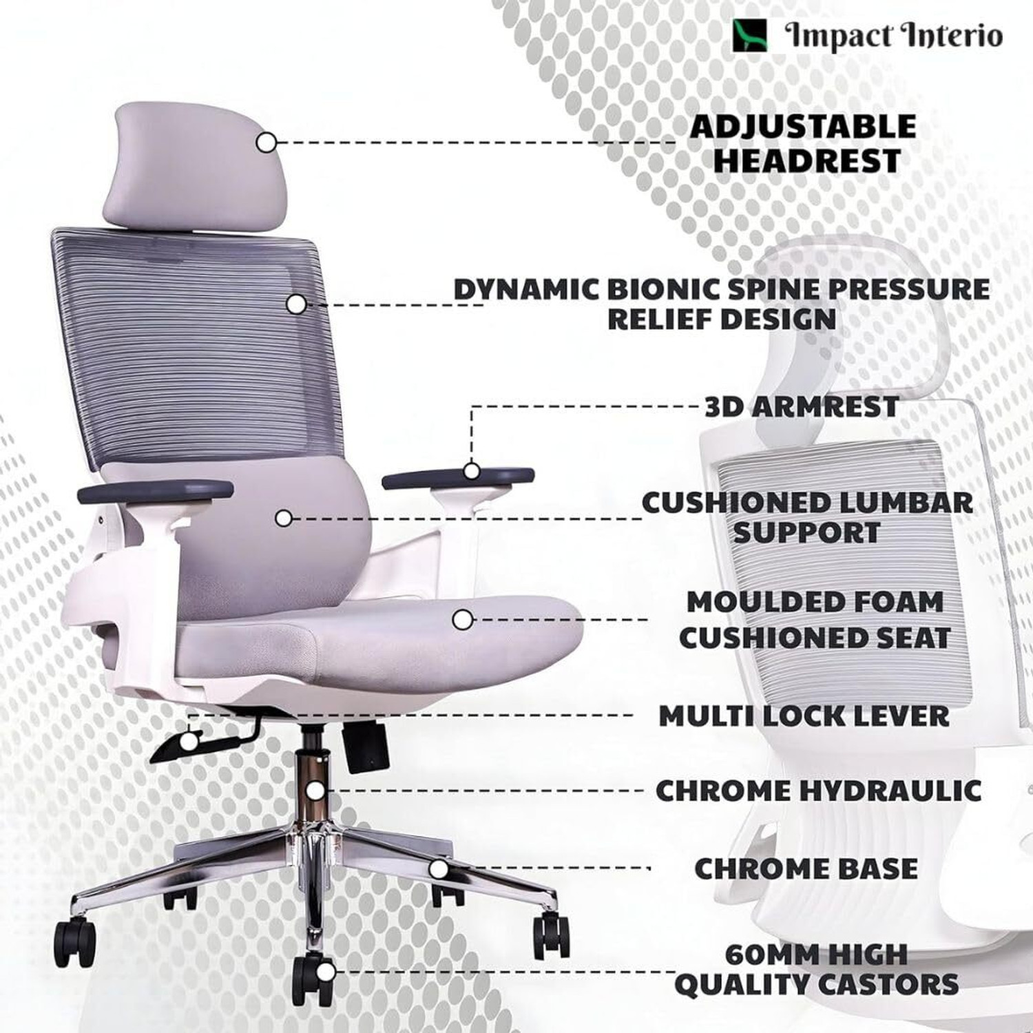 Image of impact interio executive chairs Fabric Office Executive Chair (White, Grey, Knock Down)