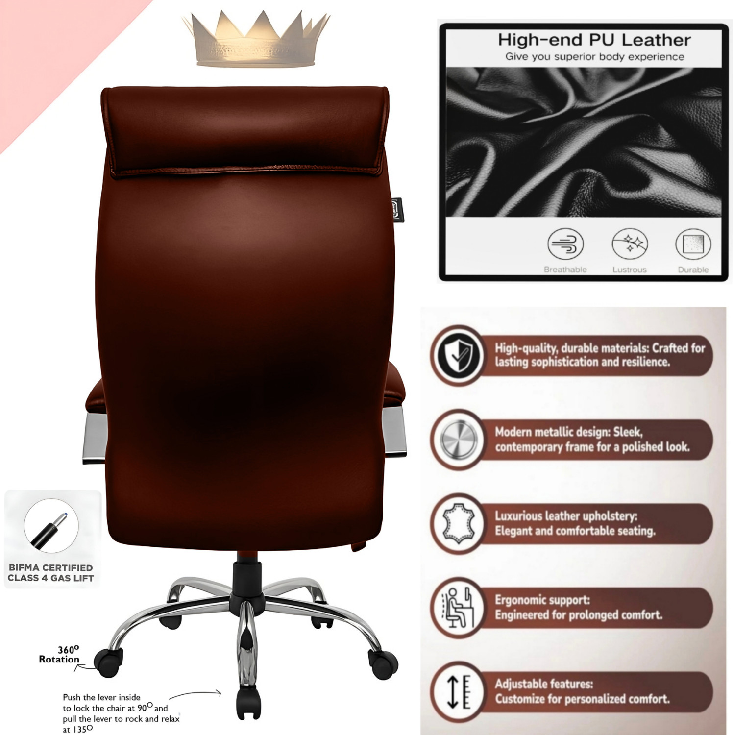 Image of AASHRA ENTERPRISES E.A Elegant Z-91 Dubble Cushion High Back the Black Boss Leatherette Office Arm Chair (Brown, Optional Installation Available)