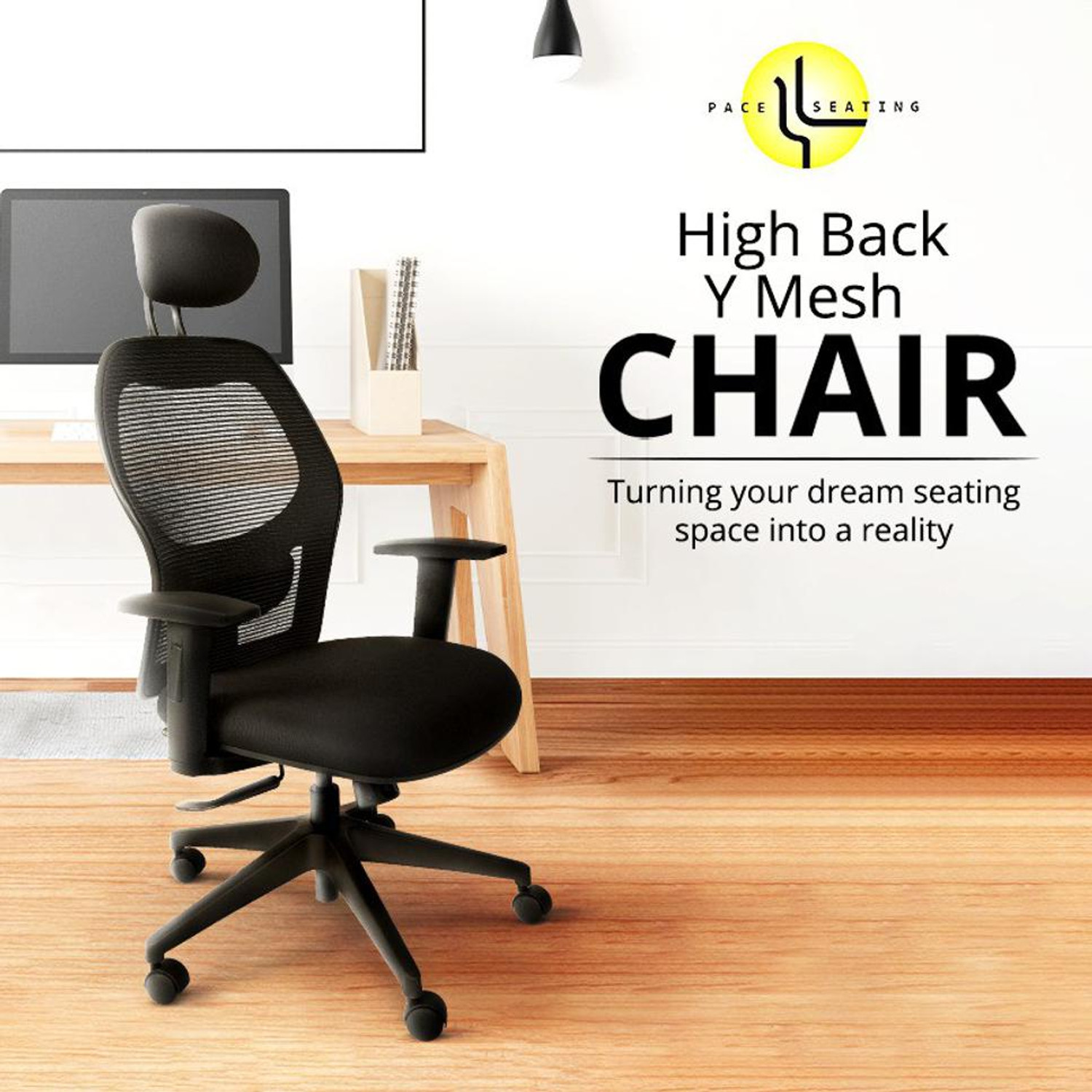 Image of pace seating Home and Office Y Mesh Chair, High Back Mesh Ergonomic with Adjustable Armrests Nylon Office Conference Chair (Black, Optional Installation Available)