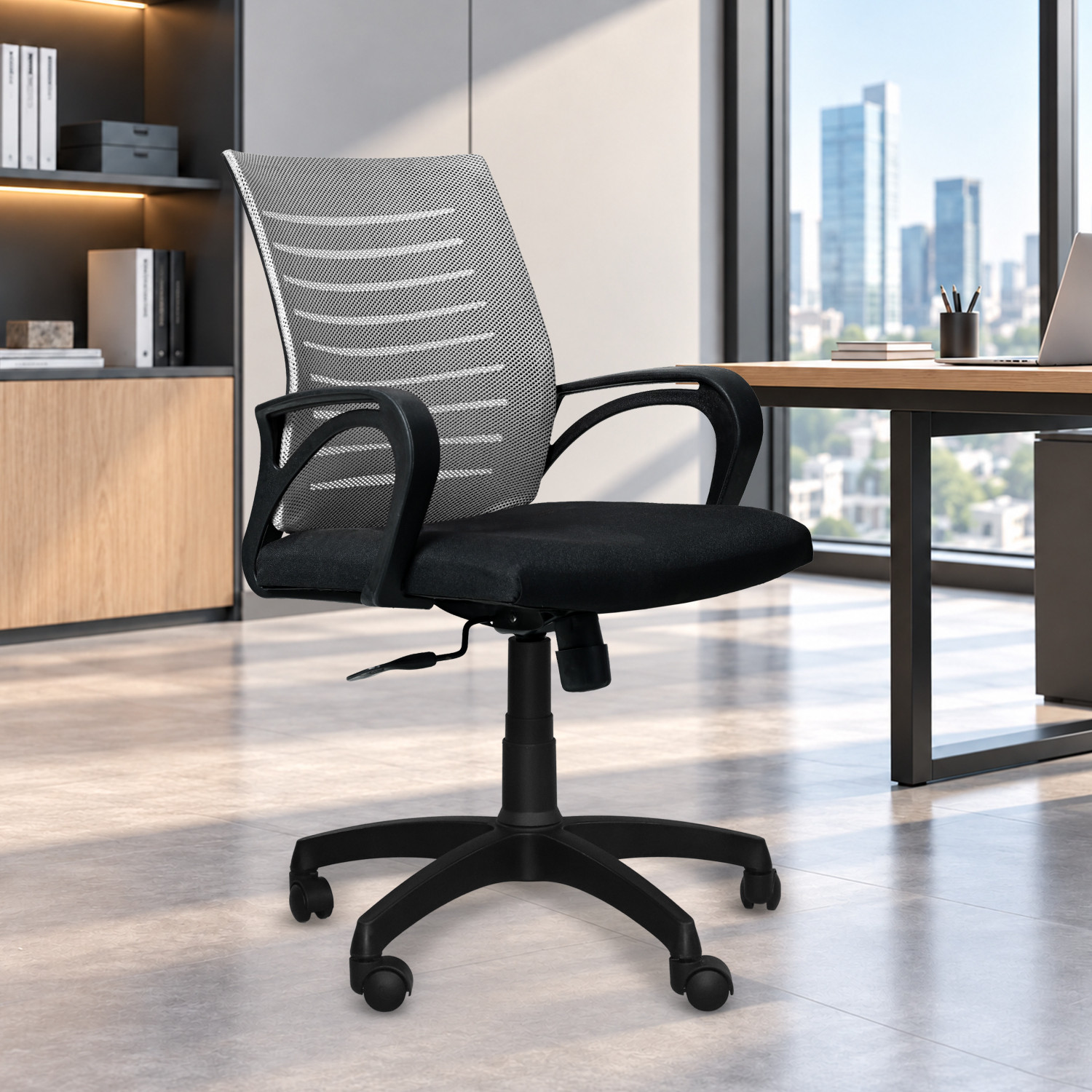 Comfort Mantra Bolt Chair Ergonomic Office Chair Mid Back Lumbar Support Armrest Fabric Office Adjustable Arm Chair (Grey Mesh, Optional Installation Available) - Image 1