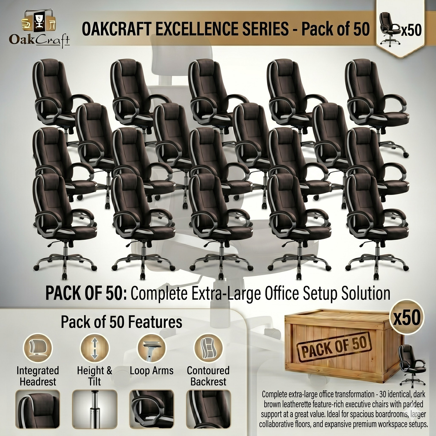 Image of Oakcraft Luxury HIGH Back with Steel Base Leatherette Office Executive Chair (Brown, Set of 50, Optional Installation Available)