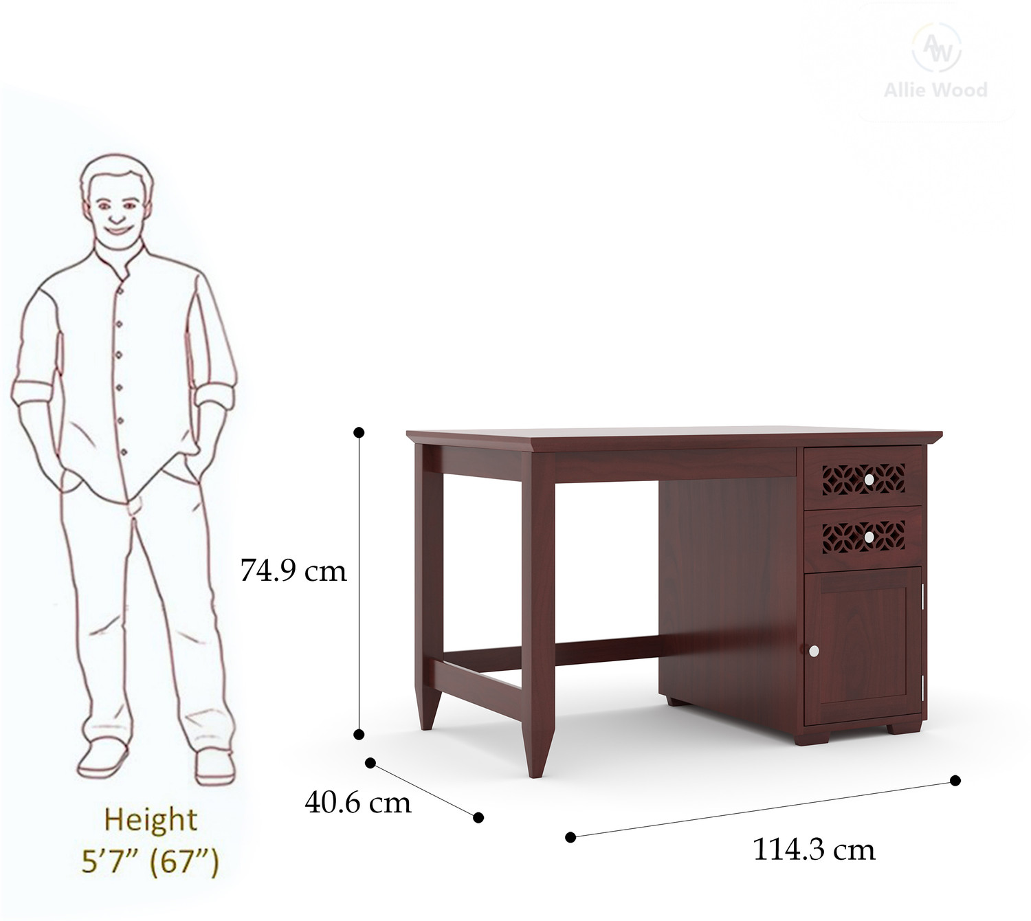 Image of Allie Wood Rosewood (Sheesham) Solid Wood Study Table (Free Standing, Finish Color - Mahogany Brown, Pre-assembled)