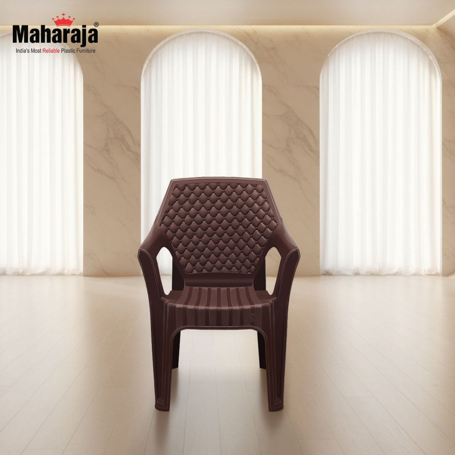 Image of MAHARAJA Alpha Comfort Chair with Armrest for Home & Office Use Plastic Outdoor Chair (Brown, Set of 6, Pre-assembled)