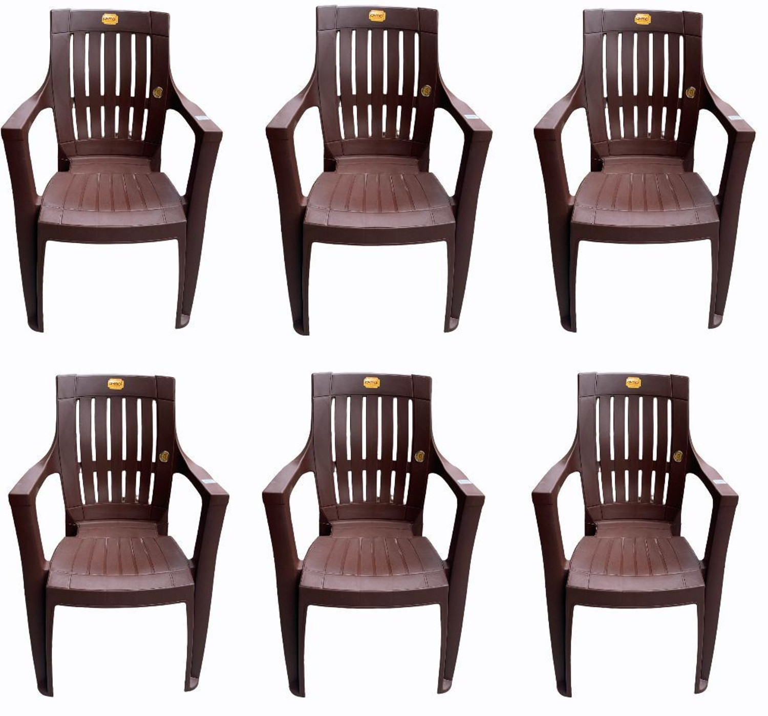 Image of MAHARAJA Alpha Comfort Chair with Armrest for Home & Office Use Plastic Outdoor Chair (Brown, Set of 6, Pre-assembled)