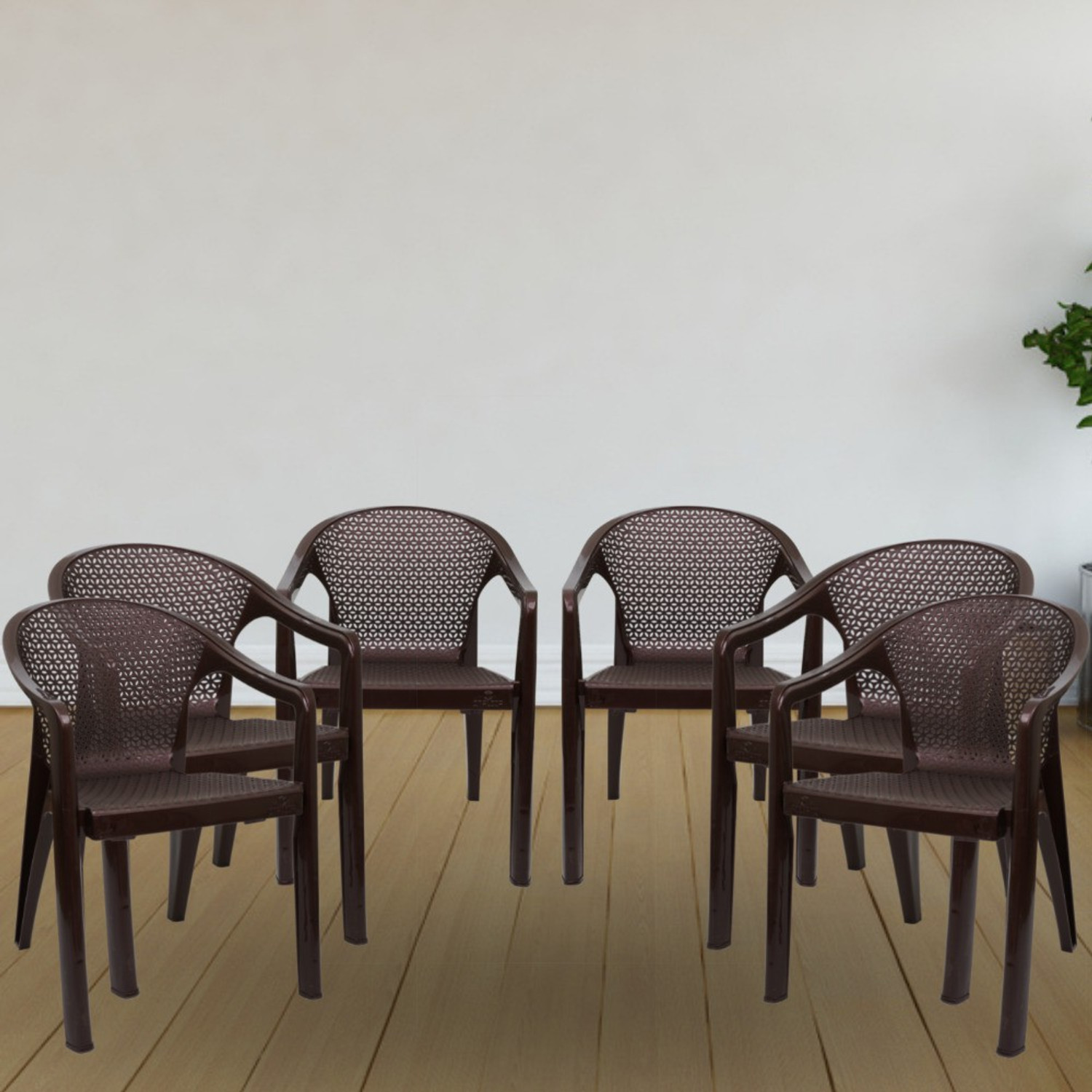 Image of MAHARAJA Alpha Comfort Chair with Armrest for Home & Office Use Plastic Outdoor Chair (Brown, Set of 6, Pre-assembled)