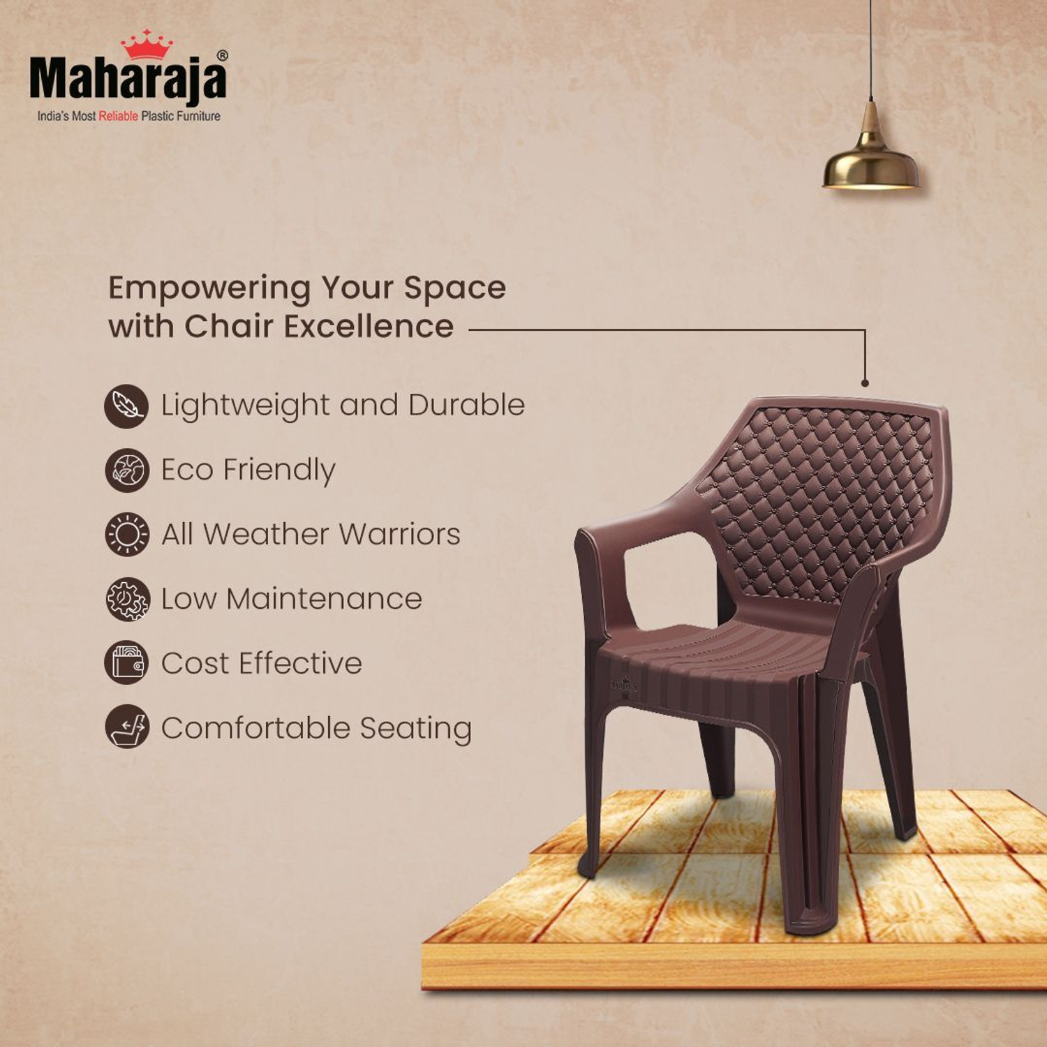 Image of MAHARAJA Alpha Comfort Chair with Armrest for Home & Office Use Plastic Outdoor Chair (Brown, Set of 6, Pre-assembled)