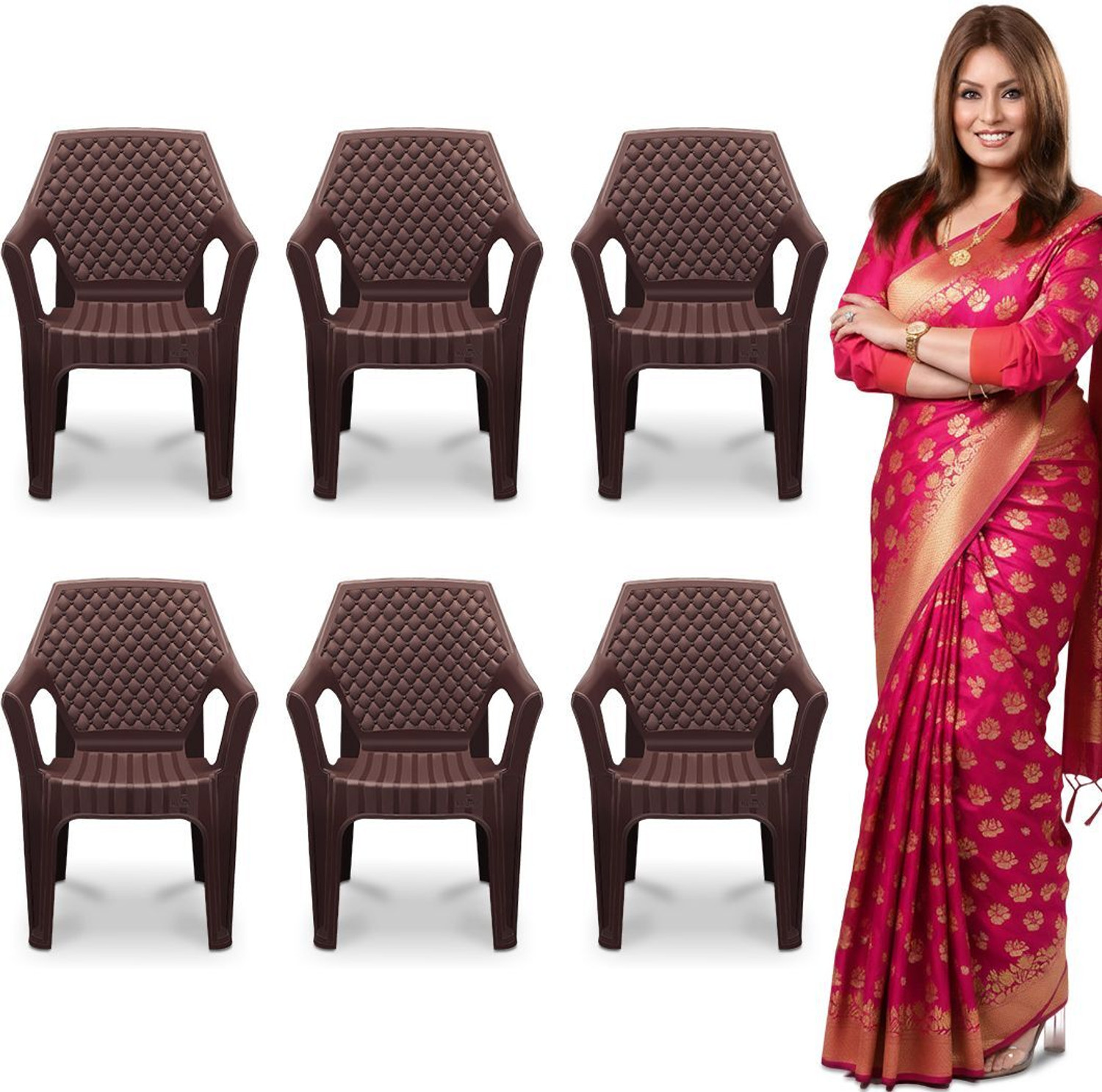 Image of MAHARAJA Alpha Comfort Chair with Armrest for Home & Office Use Plastic Outdoor Chair (Brown, Set of 6, Pre-assembled)