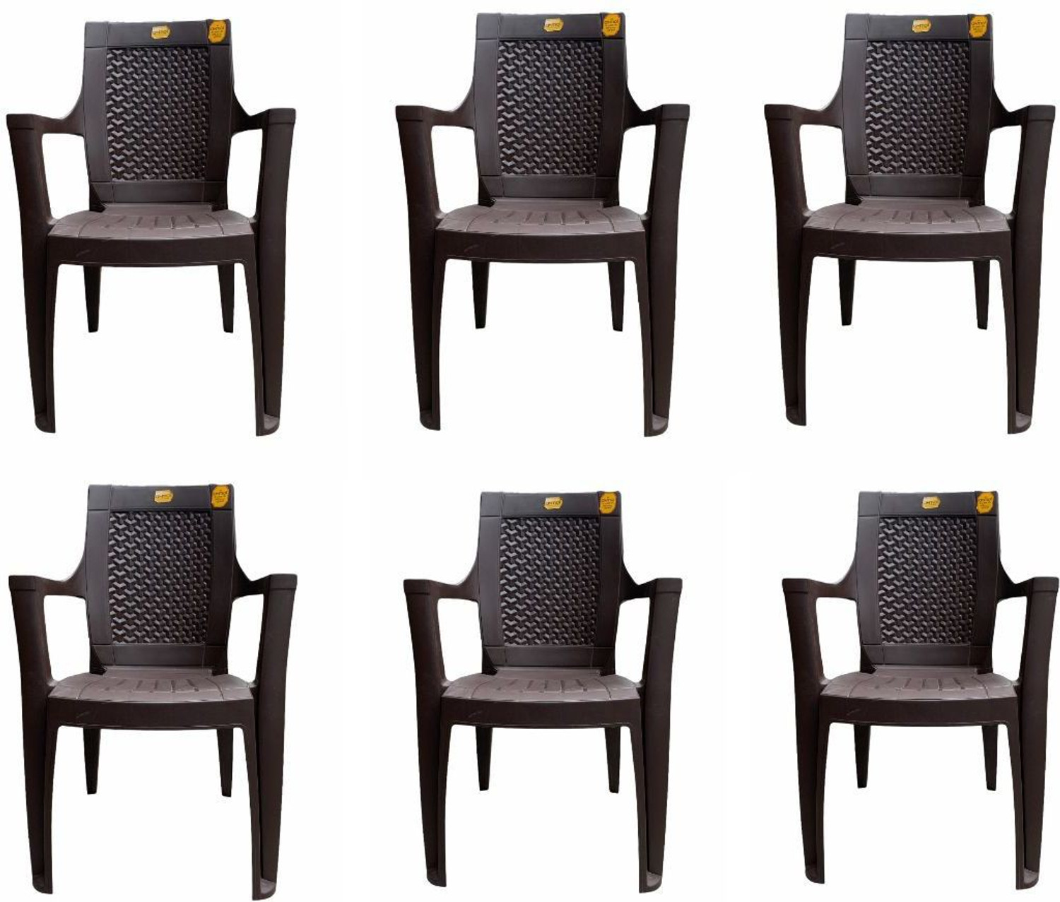 Image of MAHARAJA Alpha Comfort Chair with Armrest for Home & Office Use Plastic Outdoor Chair (Brown, Set of 6, Pre-assembled)