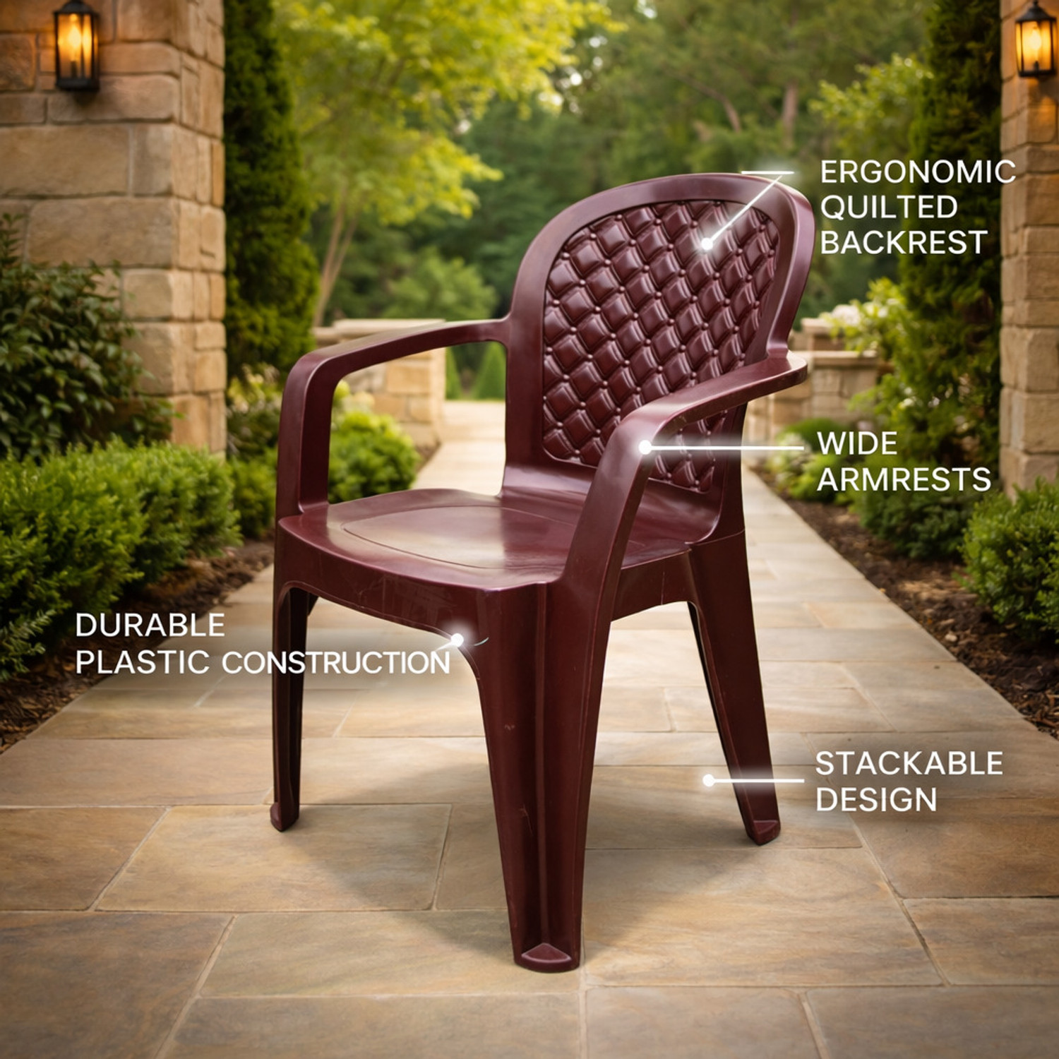 Image of ARLAVYA Premium Quality Plastic Arm Chair for Home, Office, Garden, Cafeteria Plastic Outdoor Chair (Brown, Set of 2, Pre-assembled)