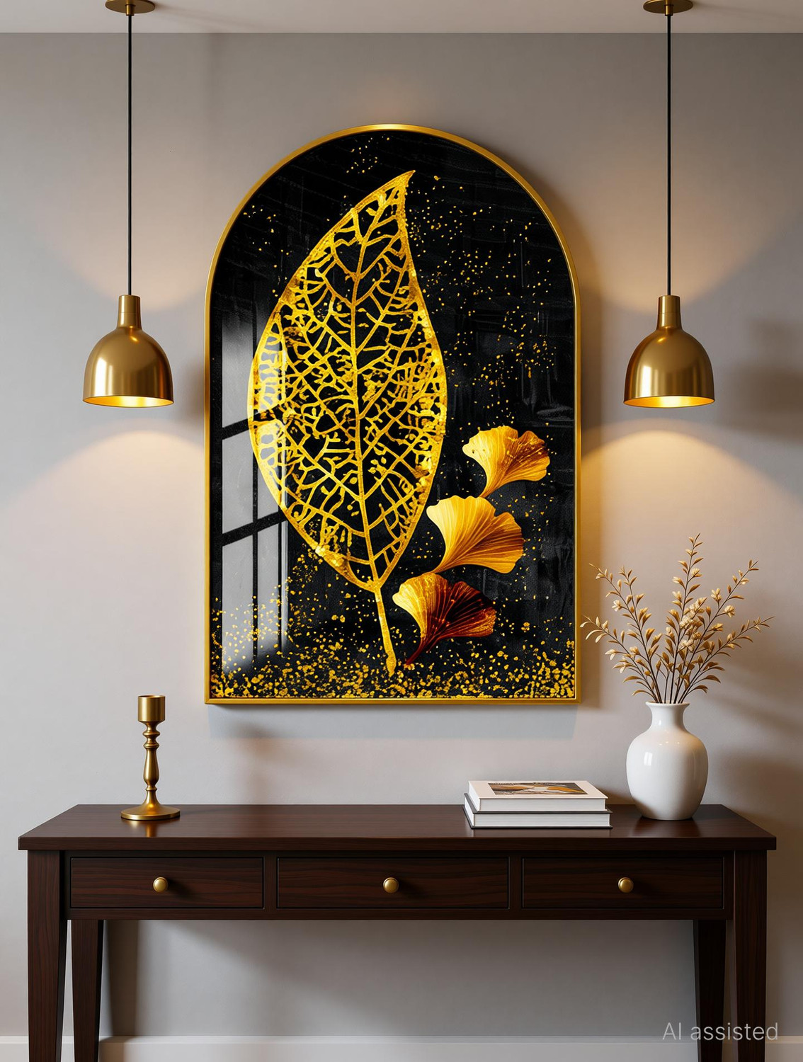 Image of TAHandicrafts 3D Ginkgo Leaves and Deer Metal Wall Art Decor, Handmade Wall Hanging Sculpture 3D Painting 50 inch x 20 inch Painting (With Frame, Pack of 3)