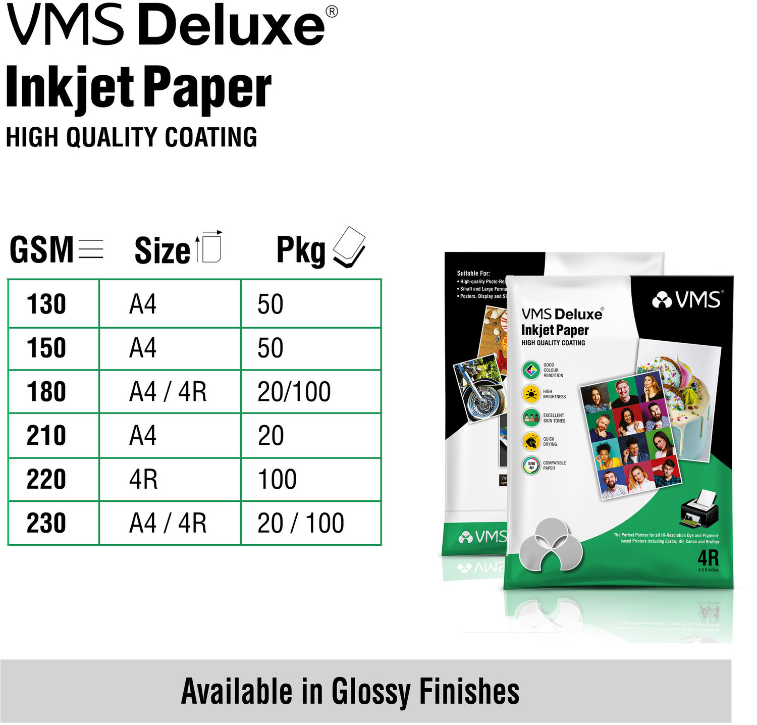 Image of VMS Deluxe Glossy Photo Paper (20 Sheets) Unruled A4 180 gsm Inkjet Paper (Set of 1, White)