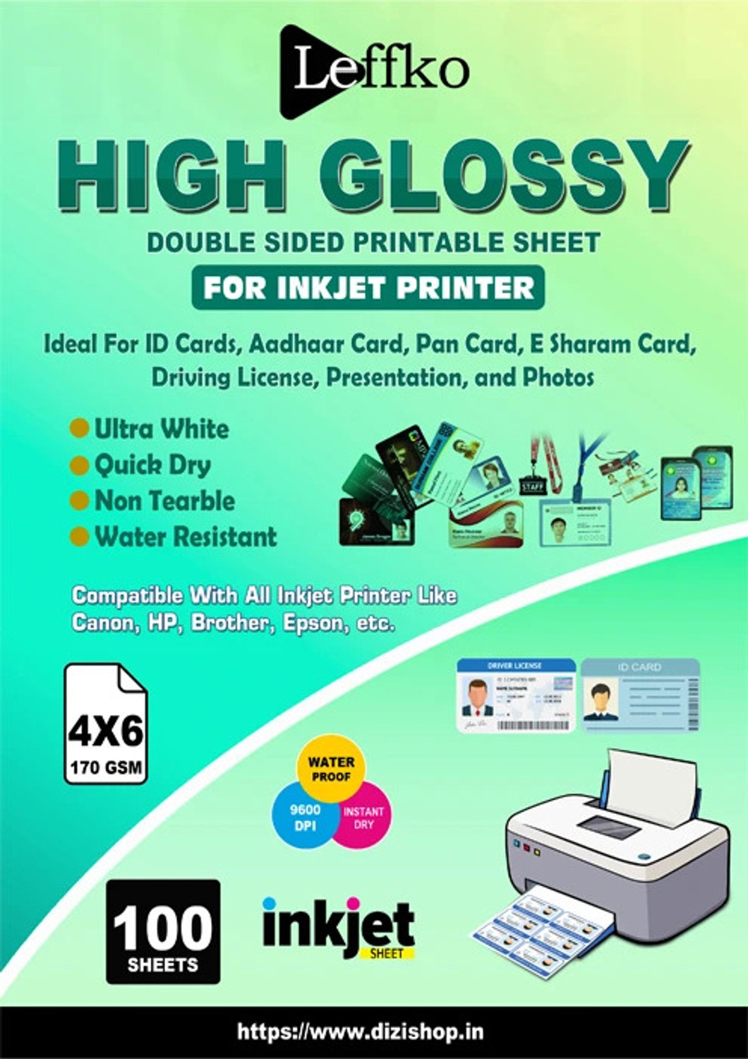 Image of Dizishop NTR PVC Sheets Both side Printable 4X6 Inches 170 gsm Inkjet Paper (Set of 100, White)