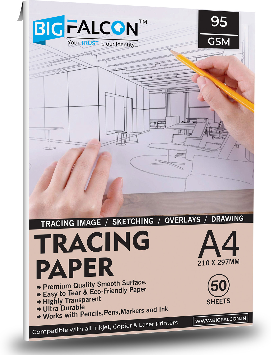Image of BIGFALCON Premium Artist's Tracing Paper Translucent for Pencil,Marker & Ink Unruled A4 (210x297mm) 95 gsm Inkjet Paper (Set of 2, Translucent)