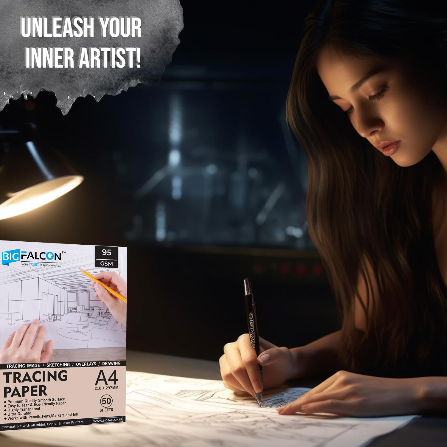 Image of BIGFALCON Premium Artist's Tracing Paper Translucent for Pencil,Marker & Ink Unruled A4 (210x297mm) 95 gsm Inkjet Paper (Set of 2, Translucent)