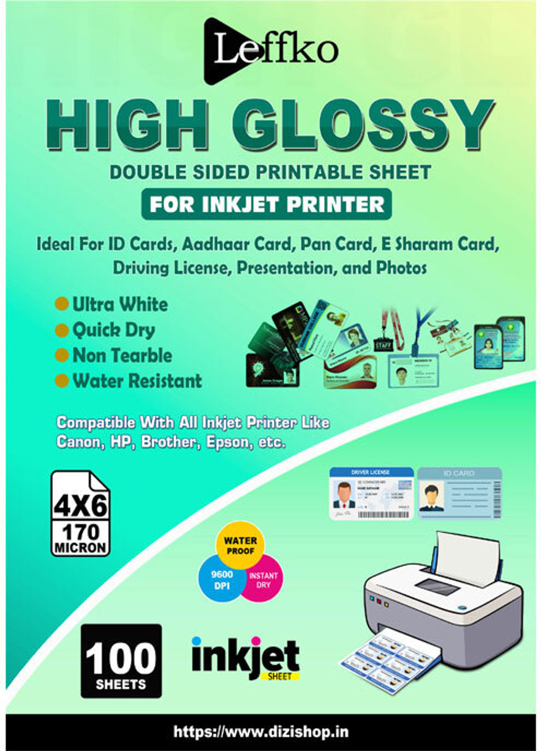 Image of Dizishop NTR PVC Sheets Both side Printable 4X6 Inches 170 gsm Inkjet Paper (Set of 100, White)