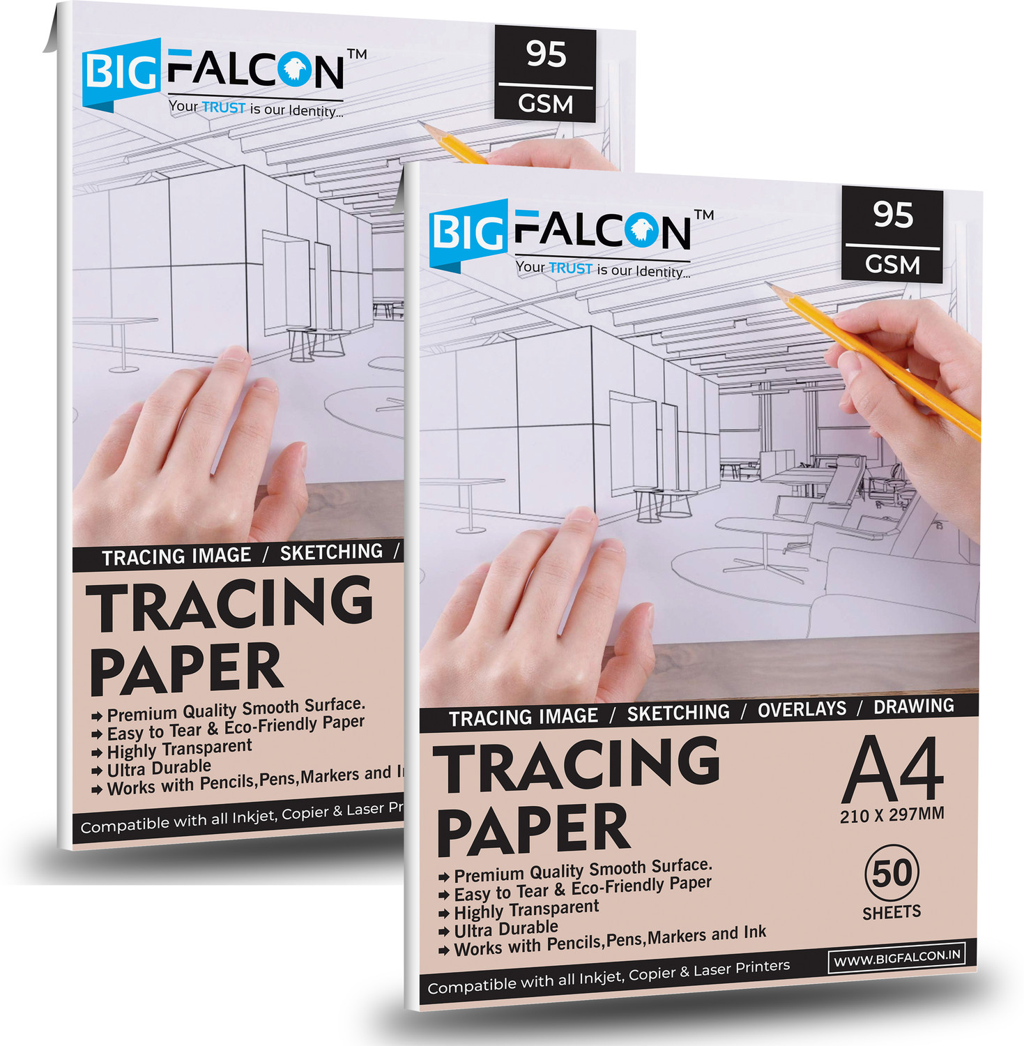 Image of BIGFALCON Premium Artist's Tracing Paper Translucent for Pencil,Marker & Ink Unruled A4 (210x297mm) 95 gsm Inkjet Paper (Set of 2, Translucent)