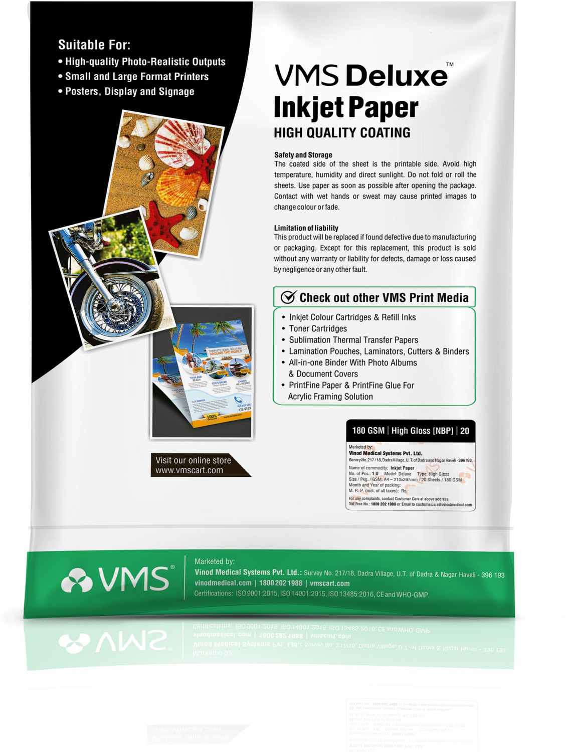 Image of VMS Deluxe Glossy Photo Paper (20 Sheets) Unruled A4 180 gsm Inkjet Paper (Set of 1, White)
