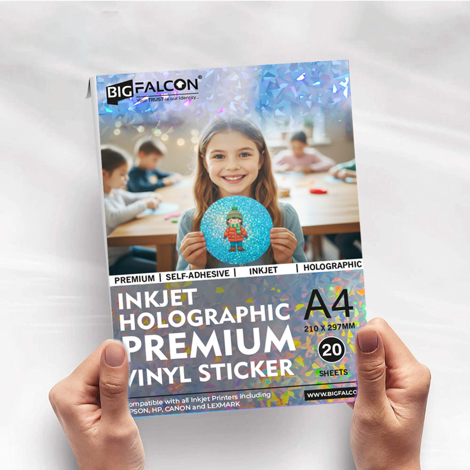 Image of BIGFALCON Premium Holographic Sticker Paper 20 Sheets Printable Vinyl sticker paper Unruled A4 (210 X 297 MM) 120 gsm Inkjet Paper (Set of 1, for Inkjet Printer, Waterproof, Self Adhesive Broken Glass Glossy Sticker Paper)
