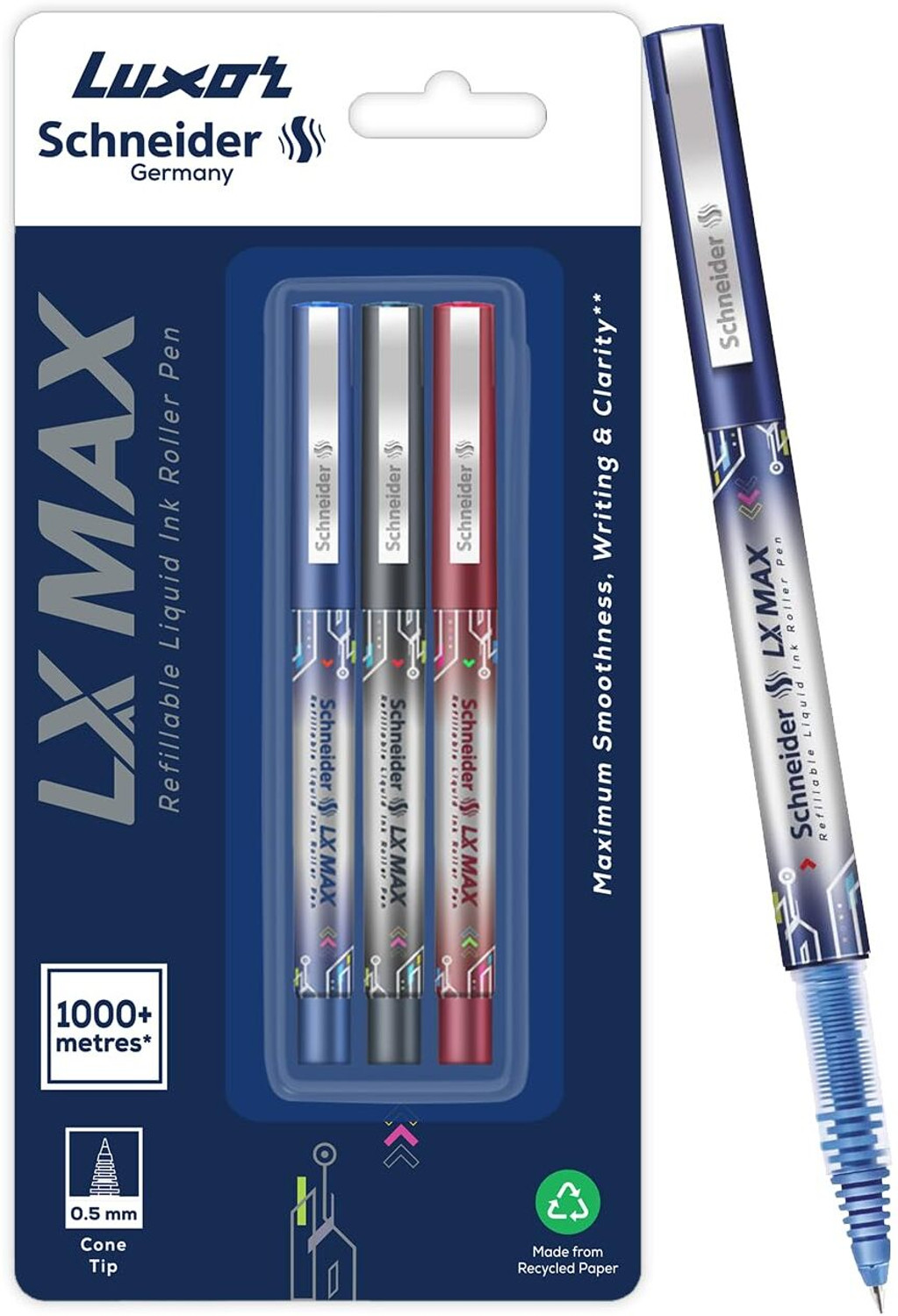 Image of LUXOR Schneider LX Technoroller-801| 0.5 mm tip| German Technology| 100% Liquid Ink Roller Ball Pen (Pack of 3, Ink Color - Blue+Black+Red)