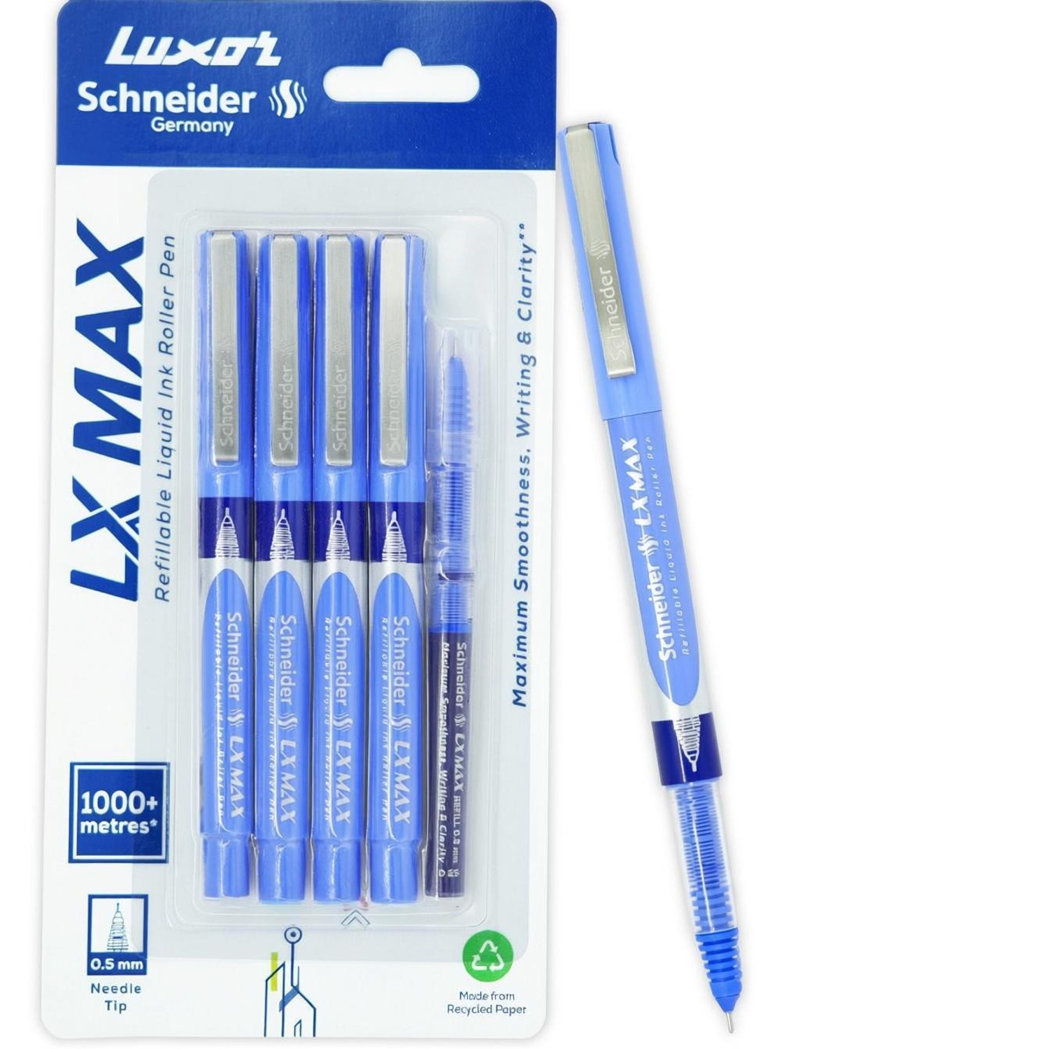 Image of LUXOR Schneider LX Technoroller-801| 0.5 mm tip| German Technology| 100% Liquid Ink Roller Ball Pen (Pack of 3, Ink Color - Blue+Black+Red)
