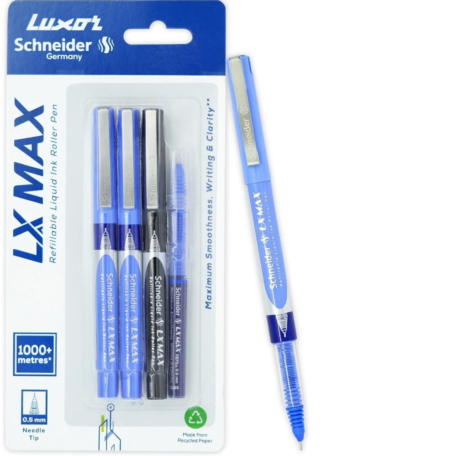 Image of LUXOR Schneider LX Technoroller-801| 0.5 mm tip| German Technology| 100% Liquid Ink Roller Ball Pen (Pack of 3, Ink Color - Blue+Black+Red)