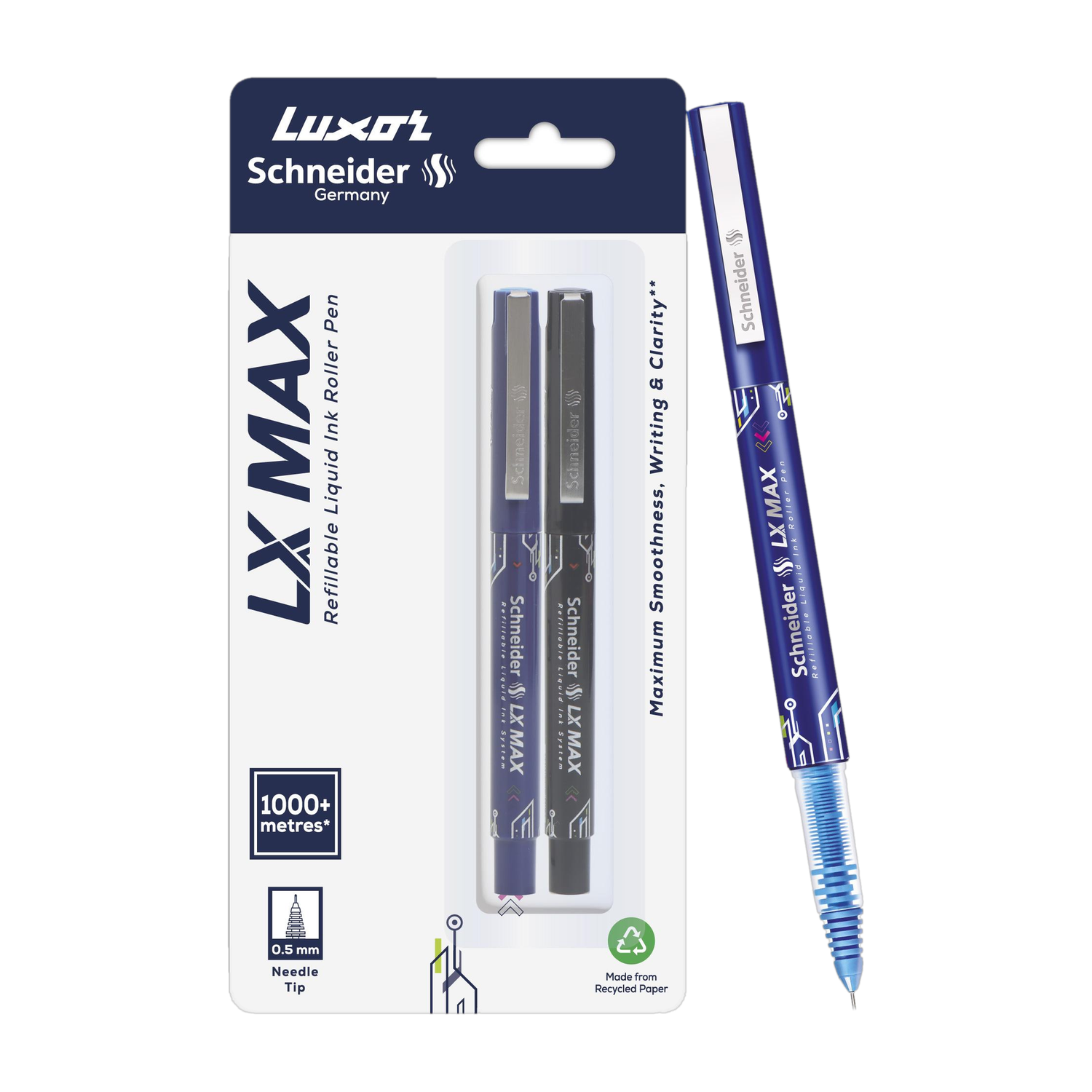 Image of LUXOR Schneider LX Technoroller-801| 0.5 mm tip| German Technology| 100% Liquid Ink Roller Ball Pen (Pack of 3, Ink Color - Blue+Black+Red)