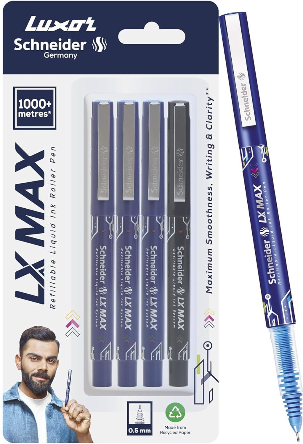 Image of LUXOR Schneider LX Technoroller-801| 0.5 mm tip| German Technology| 100% Liquid Ink Roller Ball Pen (Pack of 3, Ink Color - Blue+Black+Red)