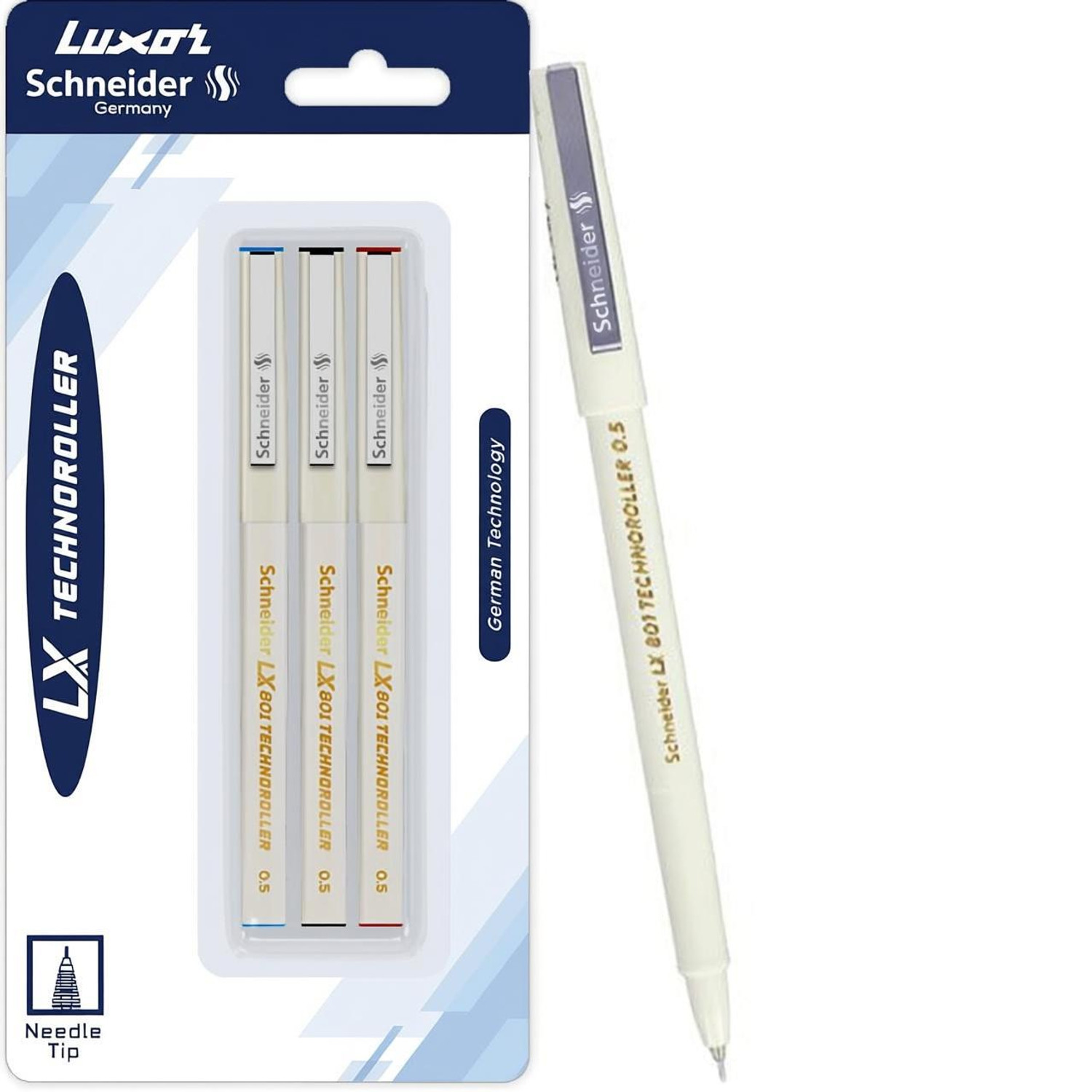 Image of LUXOR Schneider LX Technoroller-801| 0.5 mm tip| German Technology| 100% Liquid Ink Roller Ball Pen (Pack of 3, Ink Color - Blue+Black+Red)