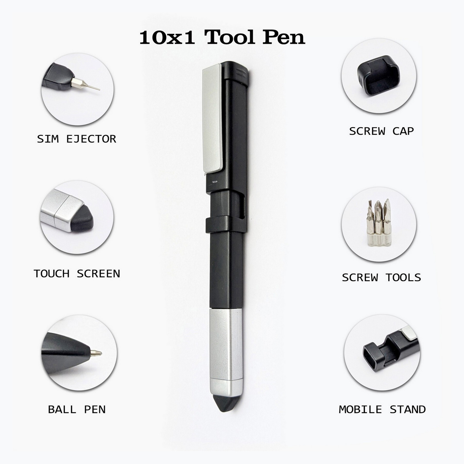 UJJi 10x1 Multi Use Tool Pen Black Silver Blue Ink - Image 1