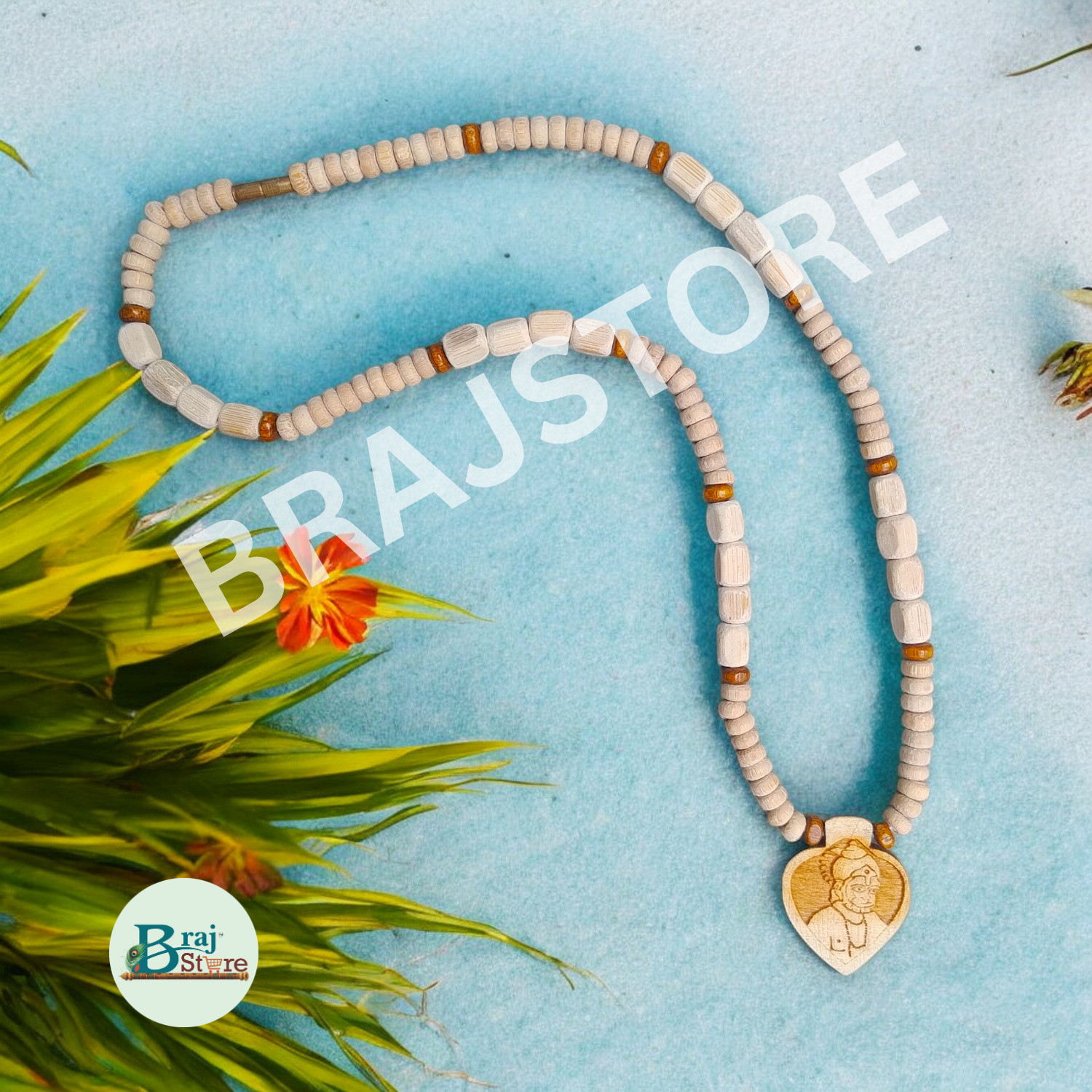 Image of BRAJSTORE Bageshwar Dham Tulsi Kanthi Mala with Hanuman ji (Heart Shape Locket) Wood Locket