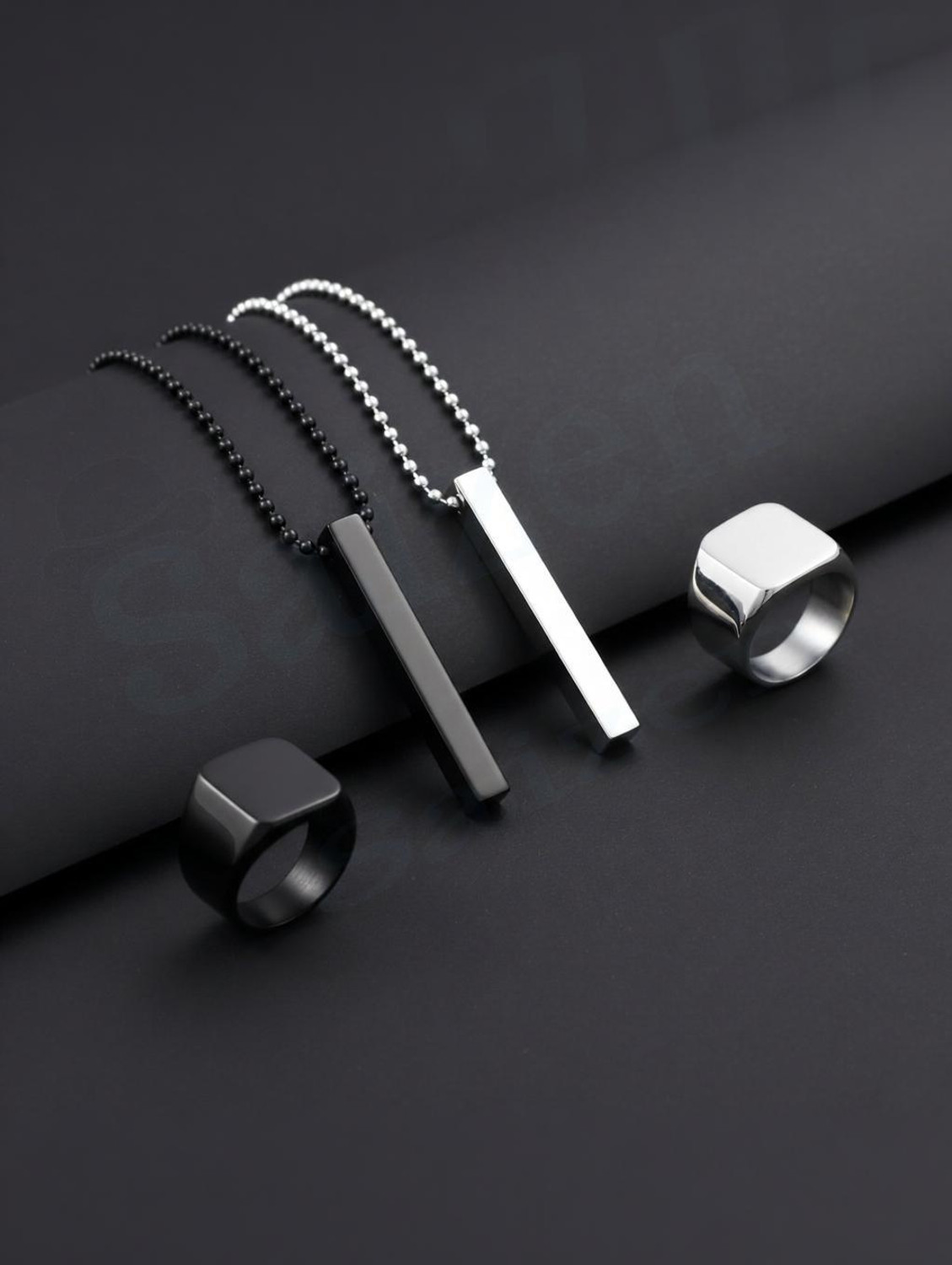 Saizen Silver & Black Minimal Bar Pendant Necklace and Ring Combo Set for Men Black Silver Stainless Steel Pendant Set - Image 1