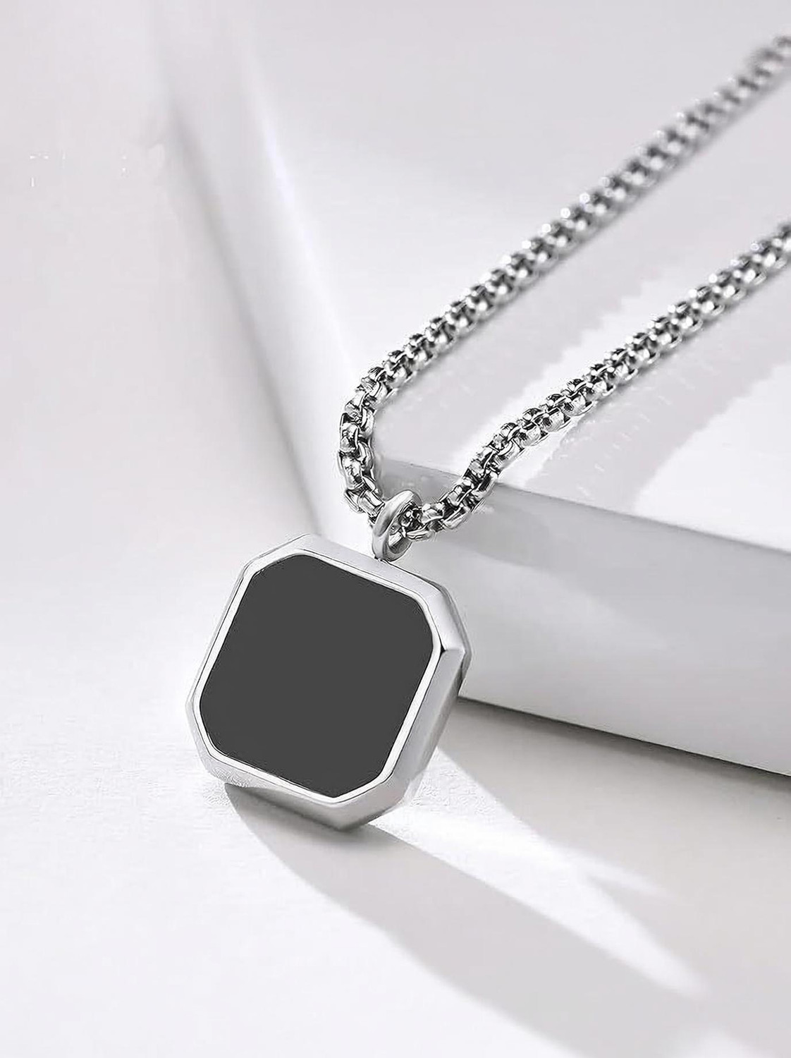 house of common Stylish Black and Silver color Square Pendant for Men Stainless Steel Pendant - Image 1