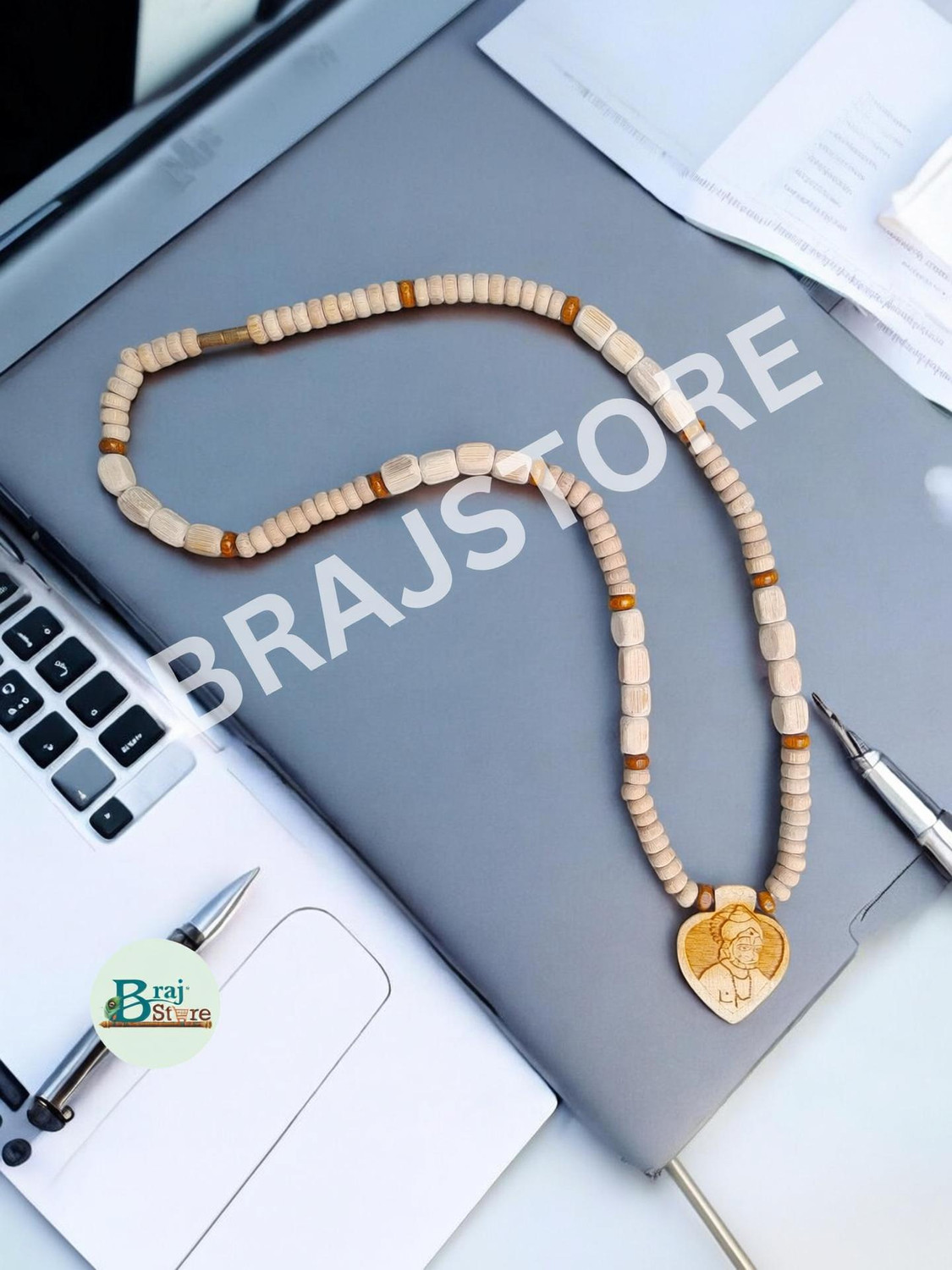 Image of BRAJSTORE Bageshwar Dham Tulsi Kanthi Mala with Hanuman ji (Heart Shape Locket) Wood Locket