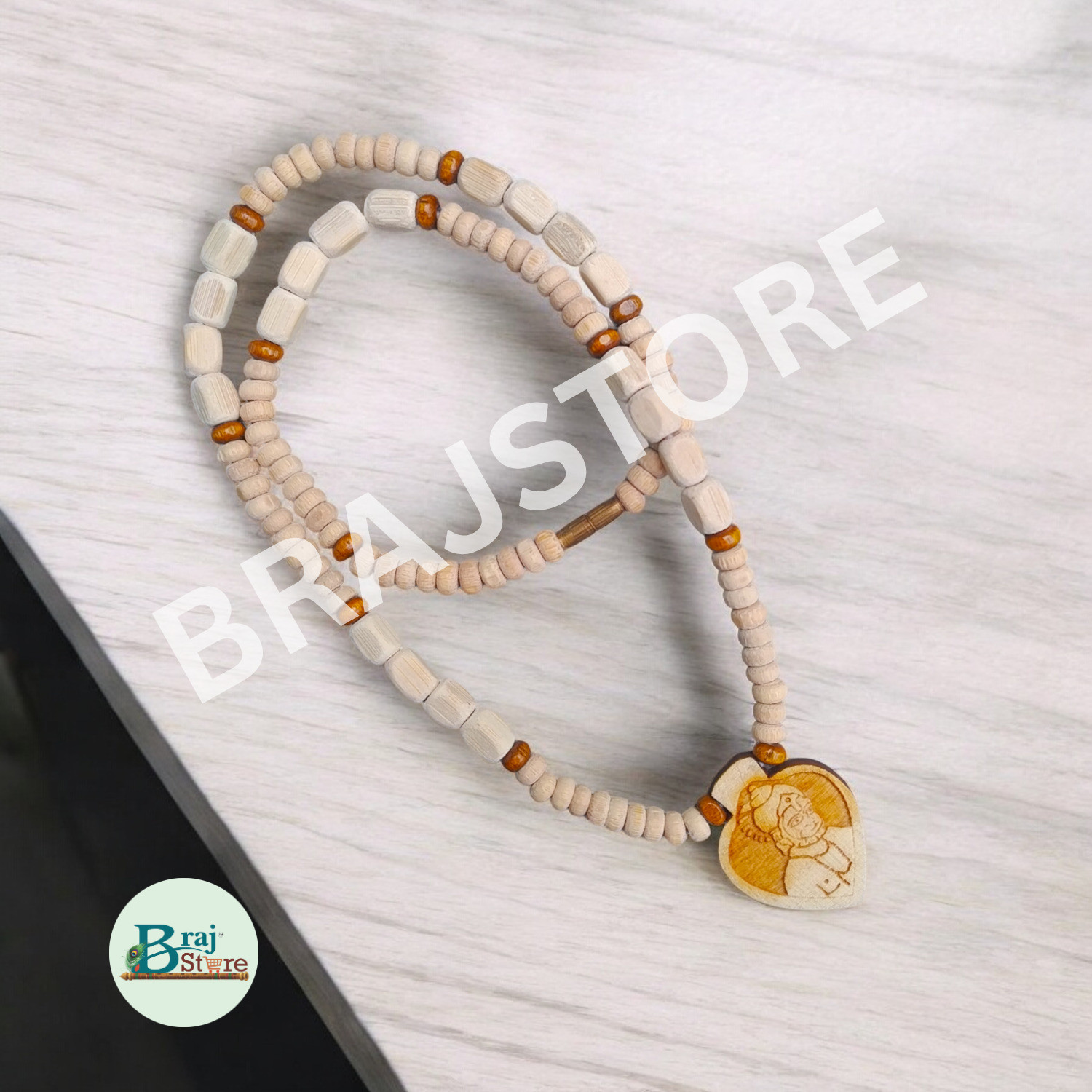 Image of BRAJSTORE Bageshwar Dham Tulsi Kanthi Mala with Hanuman ji (Heart Shape Locket) Wood Locket