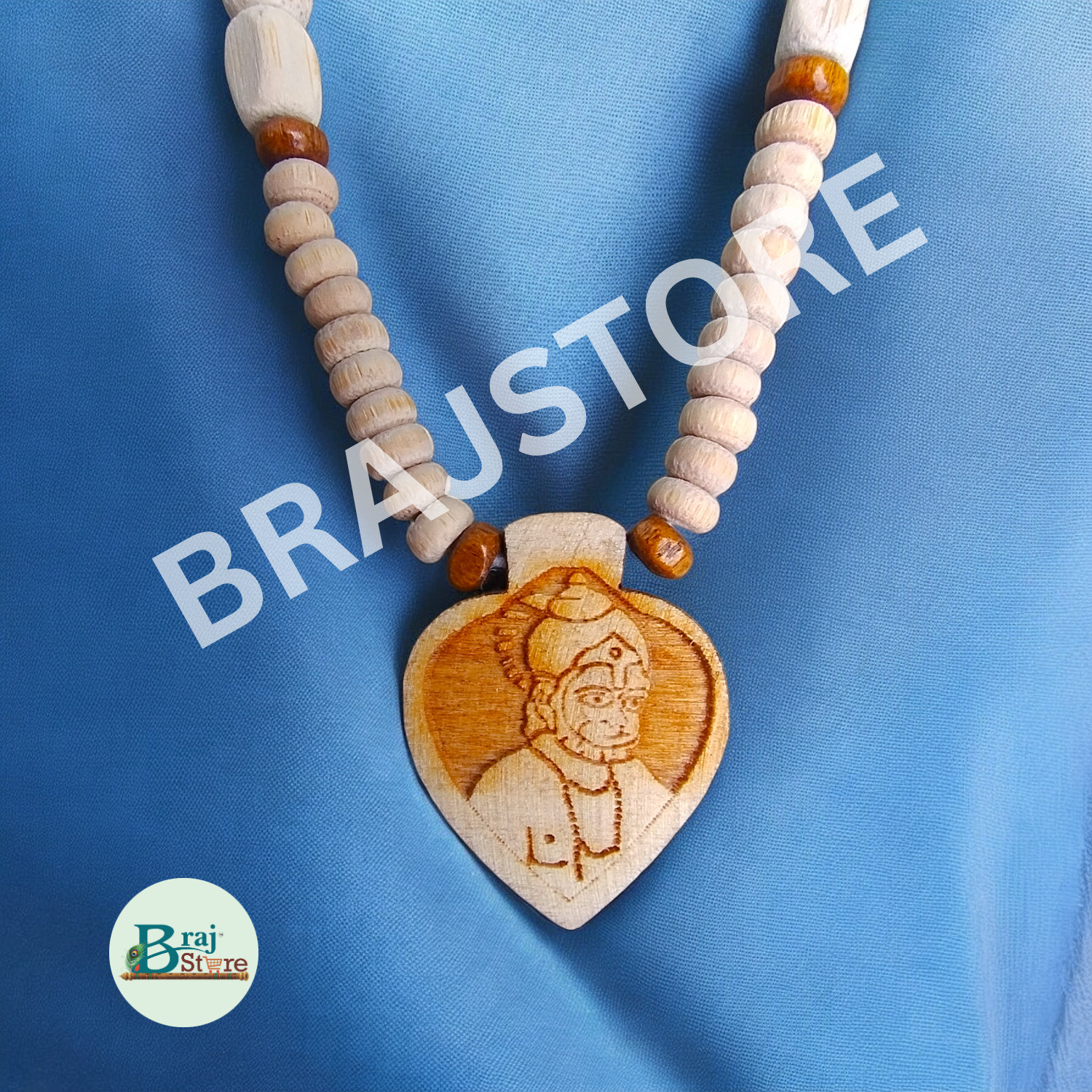 Image of BRAJSTORE Bageshwar Dham Tulsi Kanthi Mala with Hanuman ji (Heart Shape Locket) Wood Locket