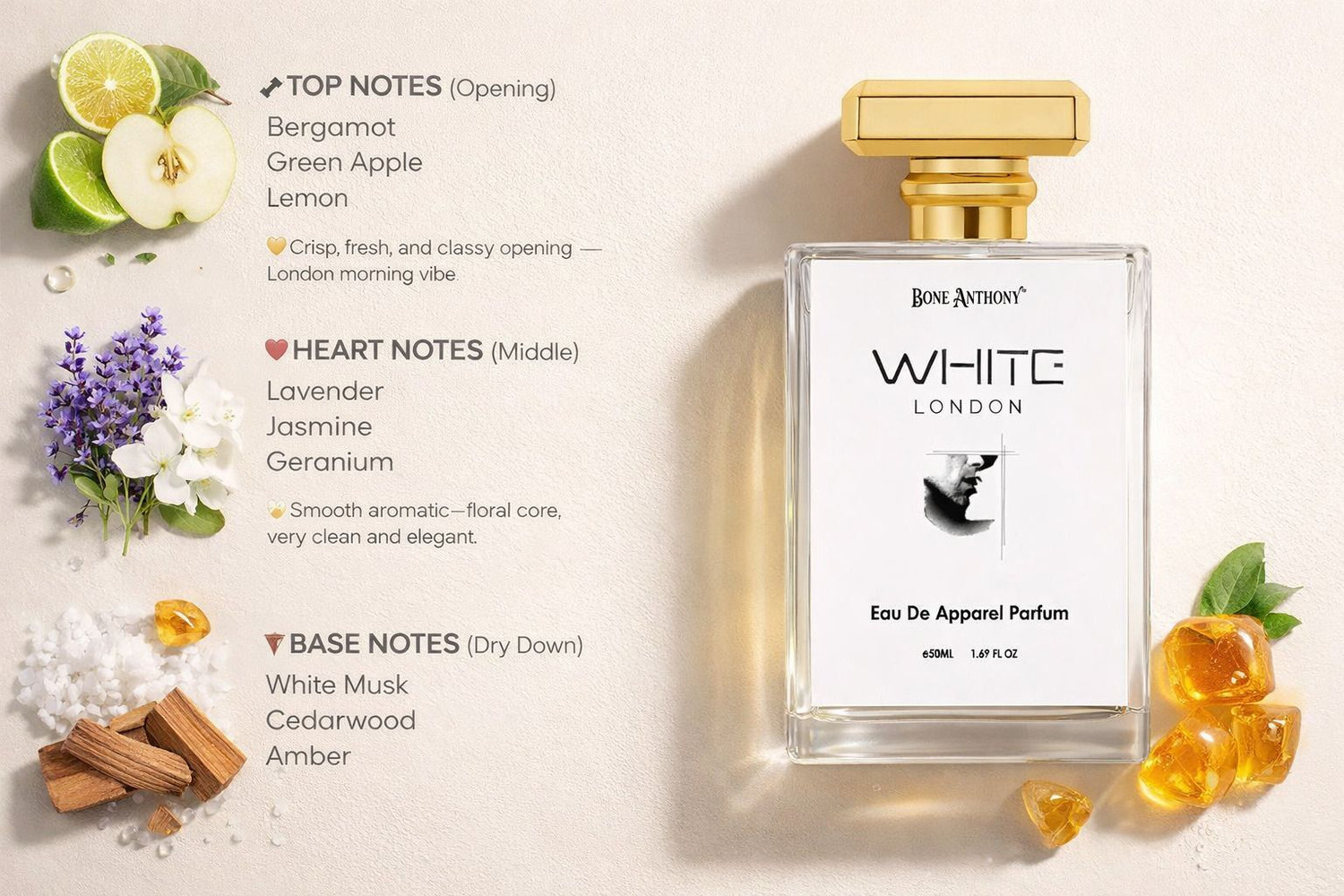 Image of Bone Anthony White London Perfume | Luxury Fragrance | Rich Floral & Long Lasting Aroma Eau de Parfum - 50 ml (For Men & Women)
