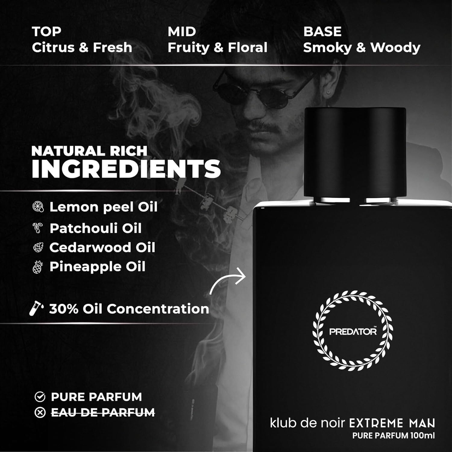 Image of Predator Klub De Noir Extreme Man Pure Parfum | Long Lasting Luxury Fragrance for Men Eau de Parfum - 100 ml (For Men)