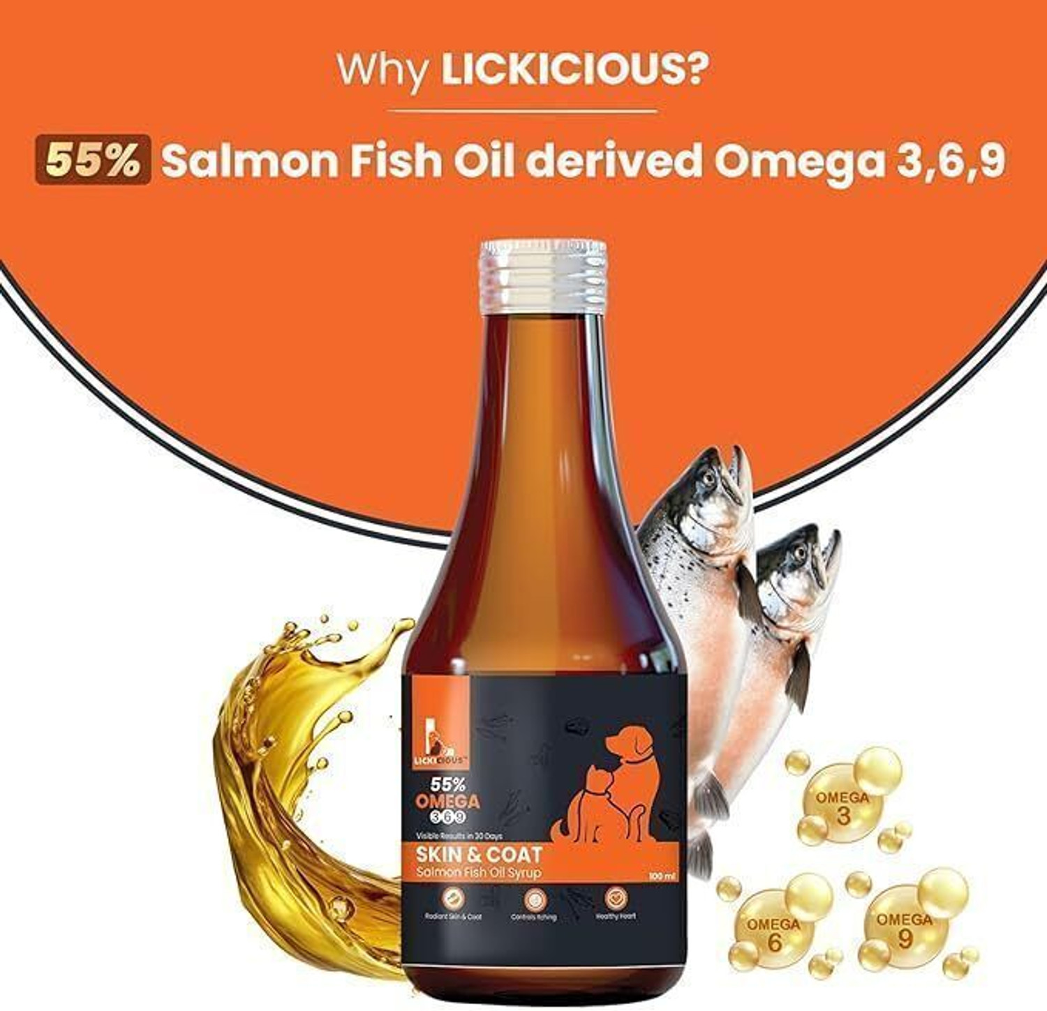 Image of LICKICIOUS Skin & Coat Syrup for Dogs & Cats, Salmon Fish Oil, Omega 3 6 9 Pet Health Supplements (100 ml)